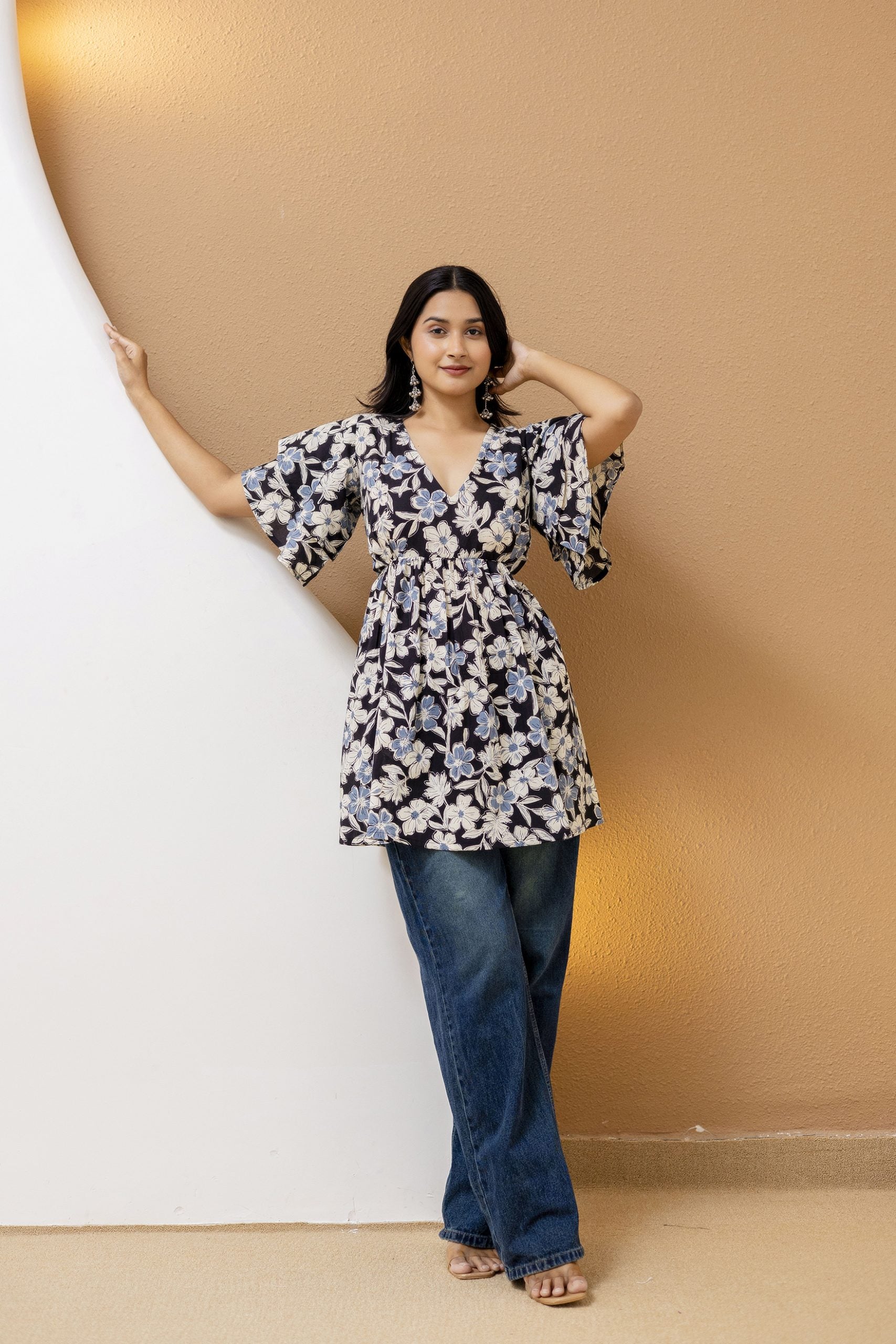 "Cream Cotton Floral Kurti with Ruffled Sleeves"