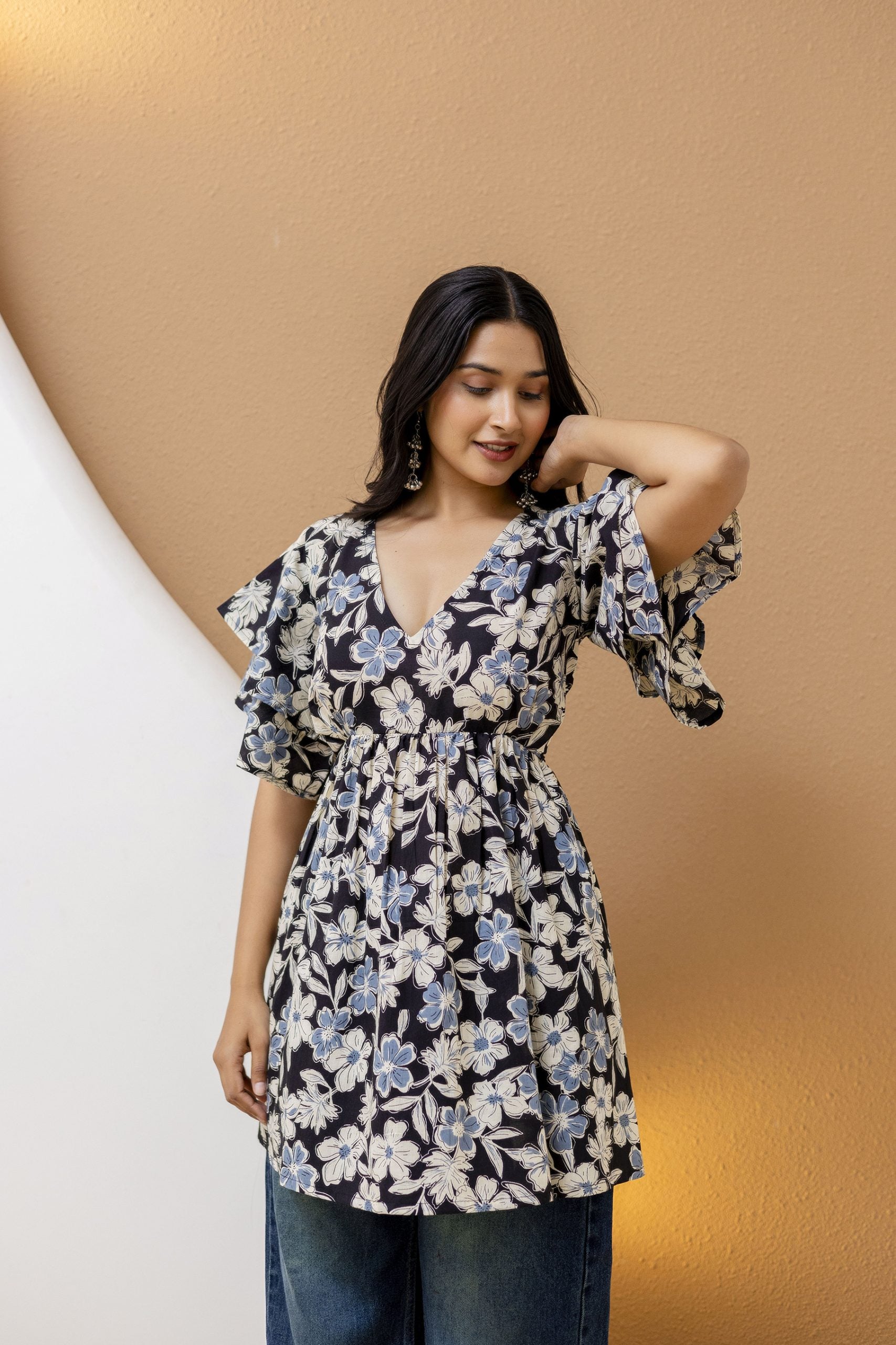 "Cream Cotton Floral Kurti with Ruffled Sleeves"