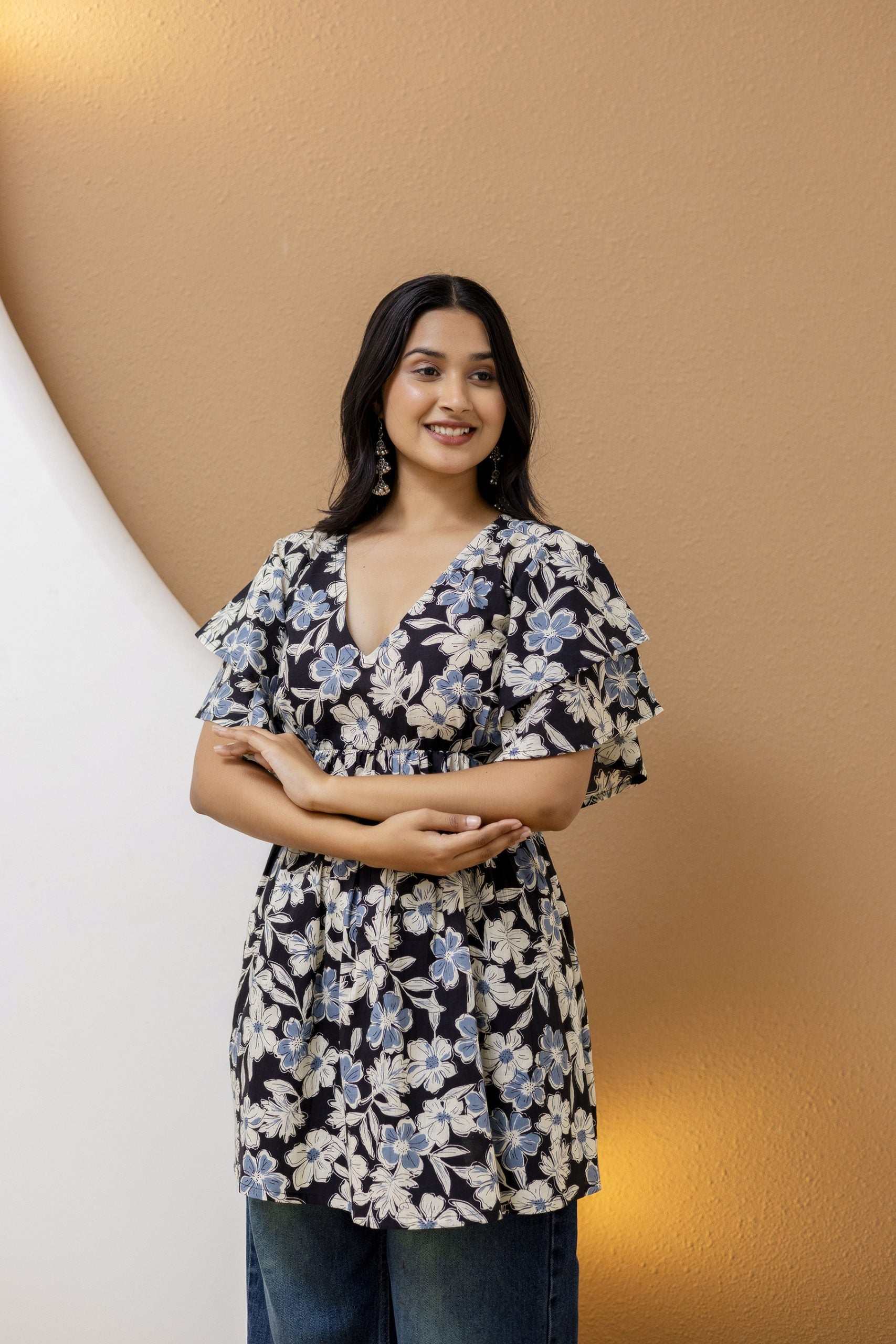 "Cream Cotton Floral Kurti with Ruffled Sleeves"