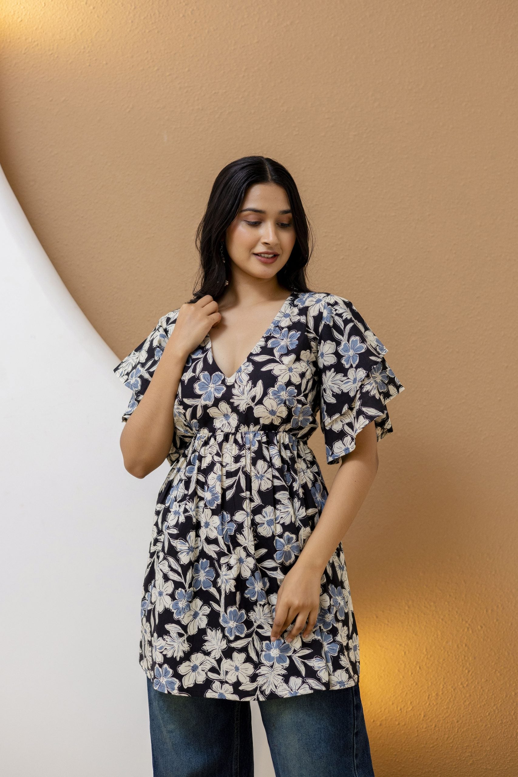 "Cream Cotton Floral Kurti with Ruffled Sleeves"