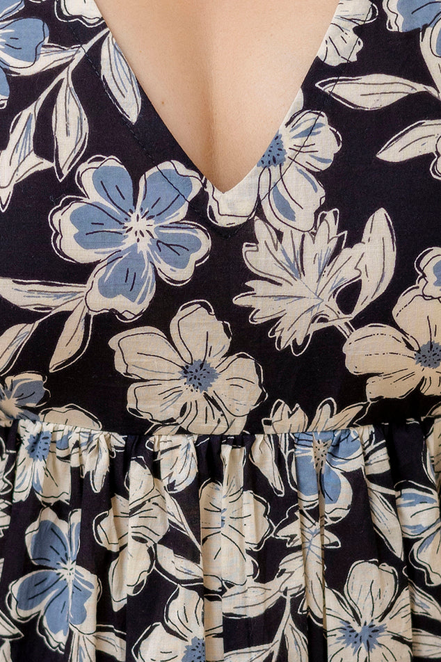 "Cream Cotton Floral Kurti with Ruffled Sleeves"