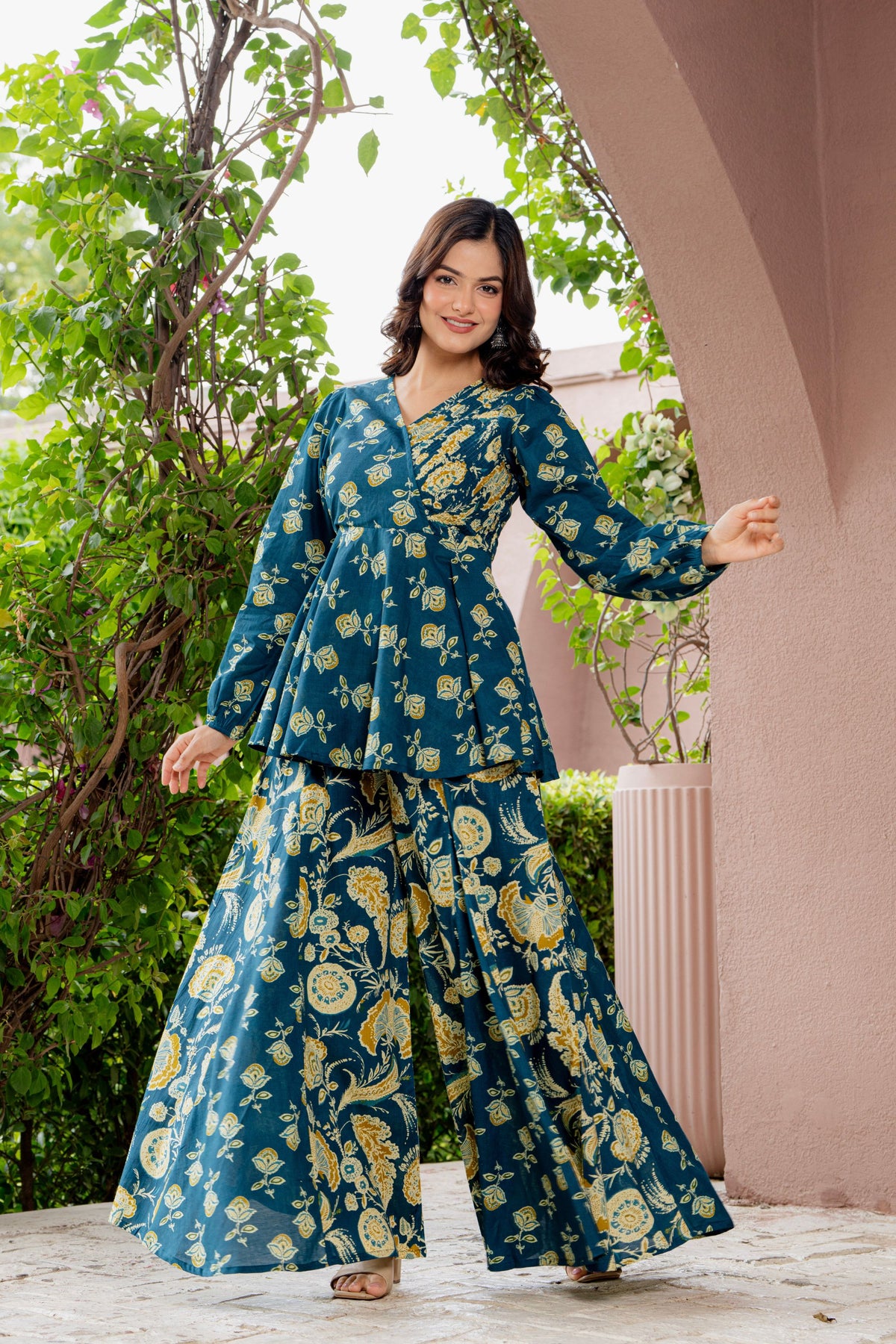Three quarter angled view of the teal blue cotton co-ord set
