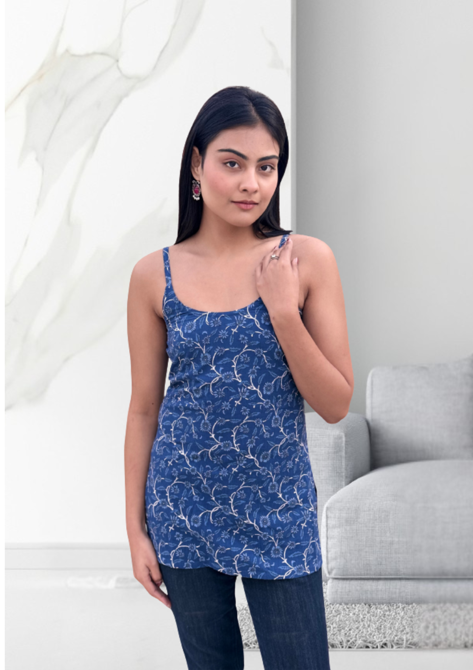 Blue Cotton Floral Print Kurti Top for Women | Full Sleeve Cut-Out Neck Casual Ethnic Tunic
