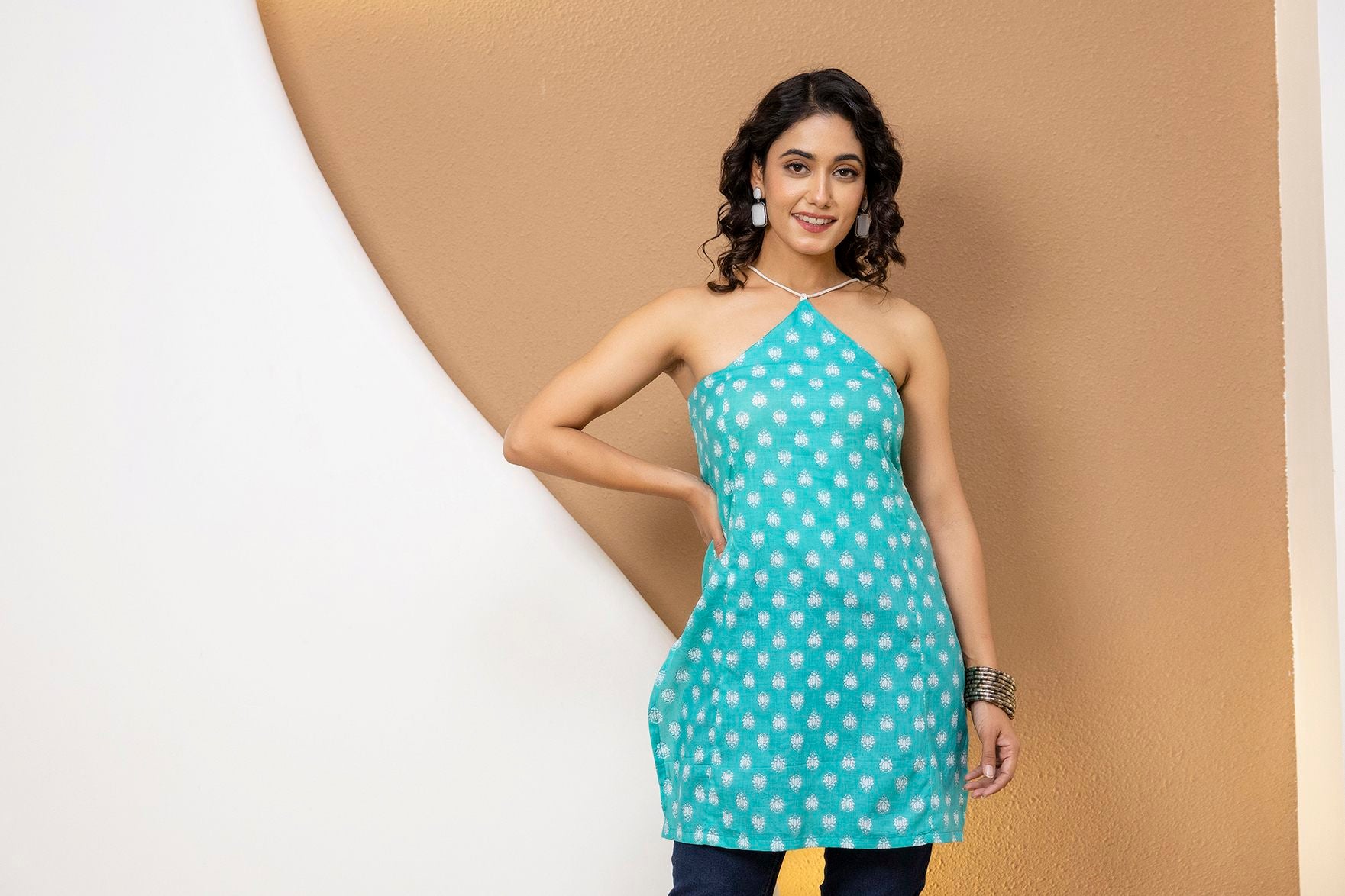 "Mohini Turquoise Blue Buti Print Corset Kurti"