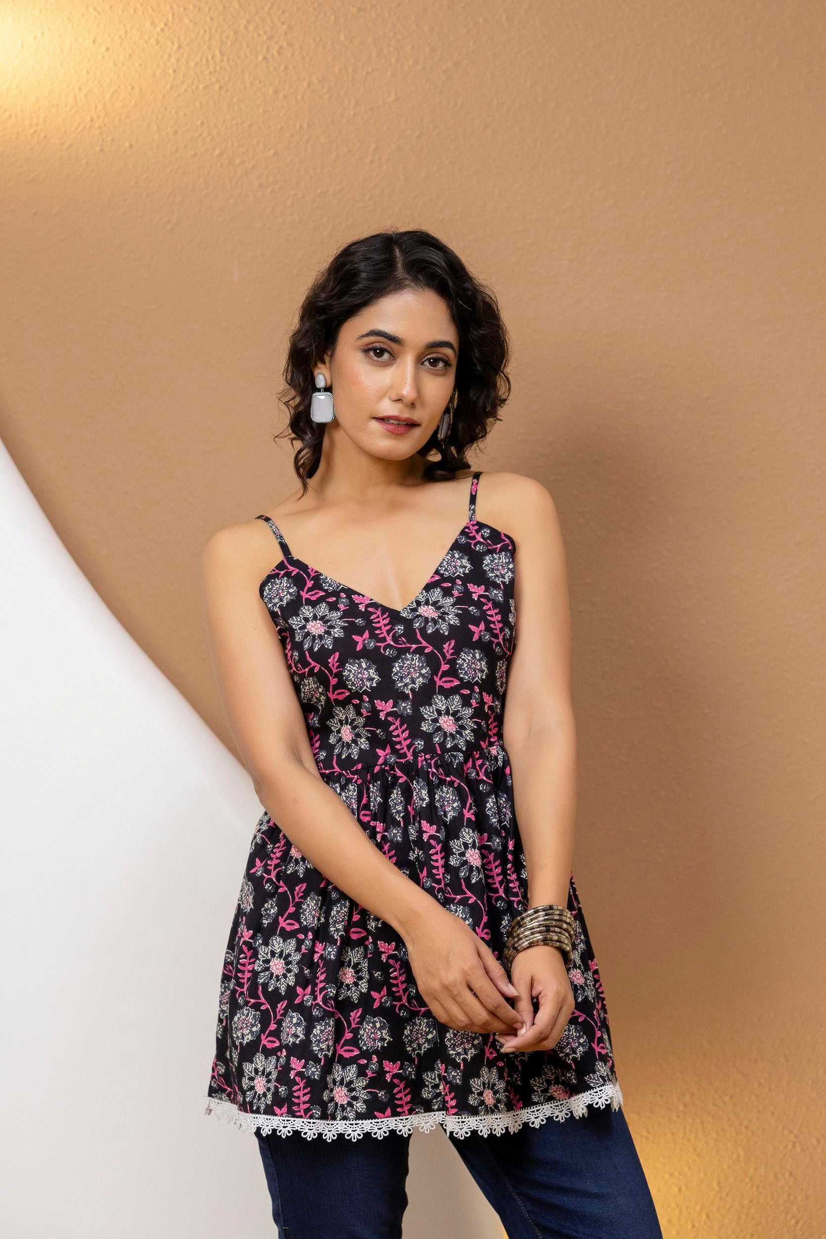 "Mohini Black Floral Strappy Cotton Kurti"