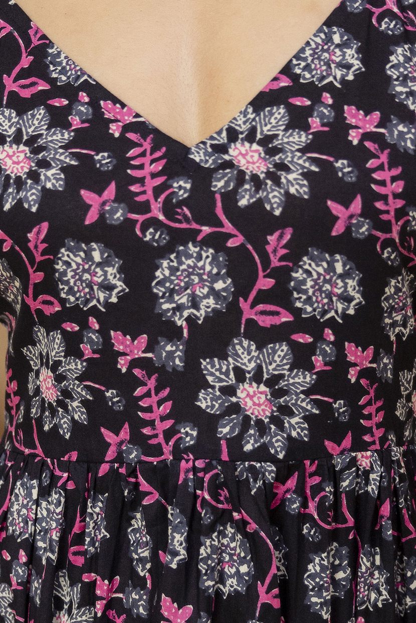 "Mohini Black Floral Strappy Cotton Kurti"