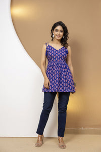 Mohini Blue Printed Tie-Up Strap Tunic