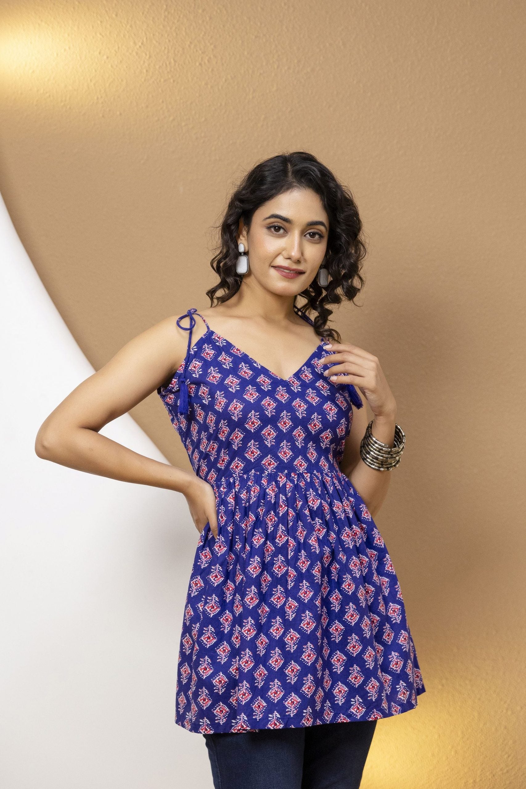 "Mohini Blue Printed Tie-Up Strap Tunic"