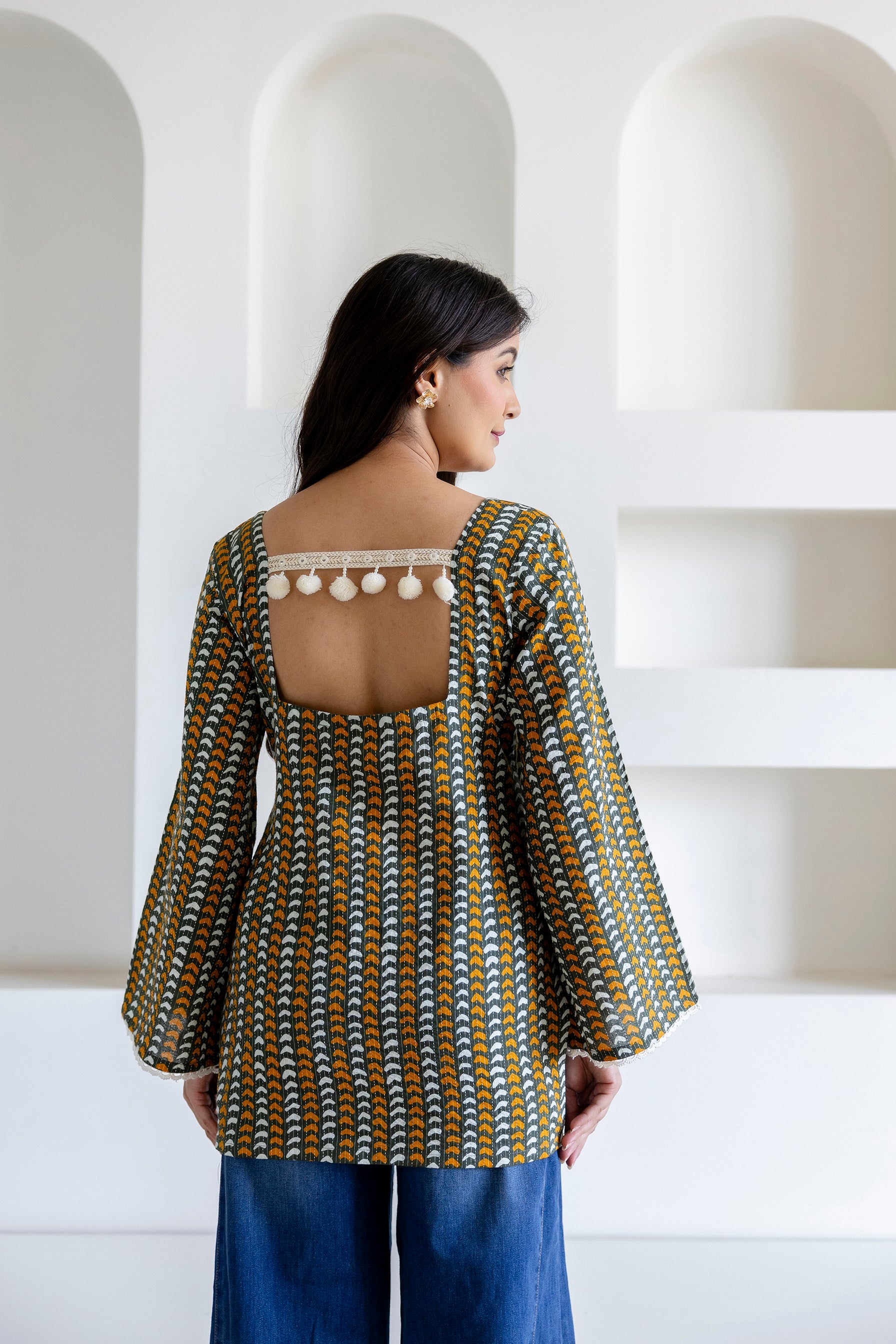 Mohini Green Cotton Kurti with Pom-Pom Back