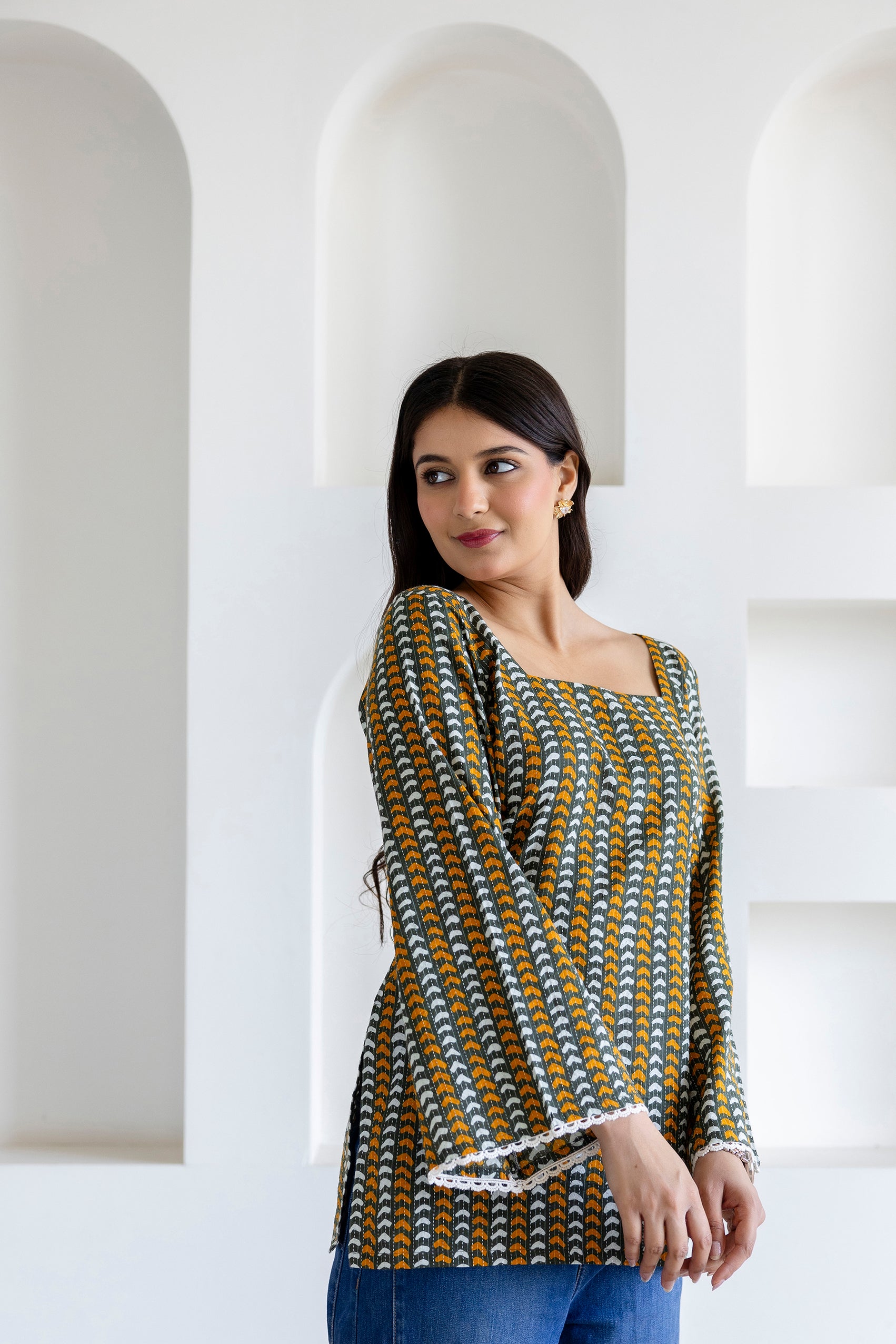 Mohini Green Cotton Kurti with Pom-Pom Back