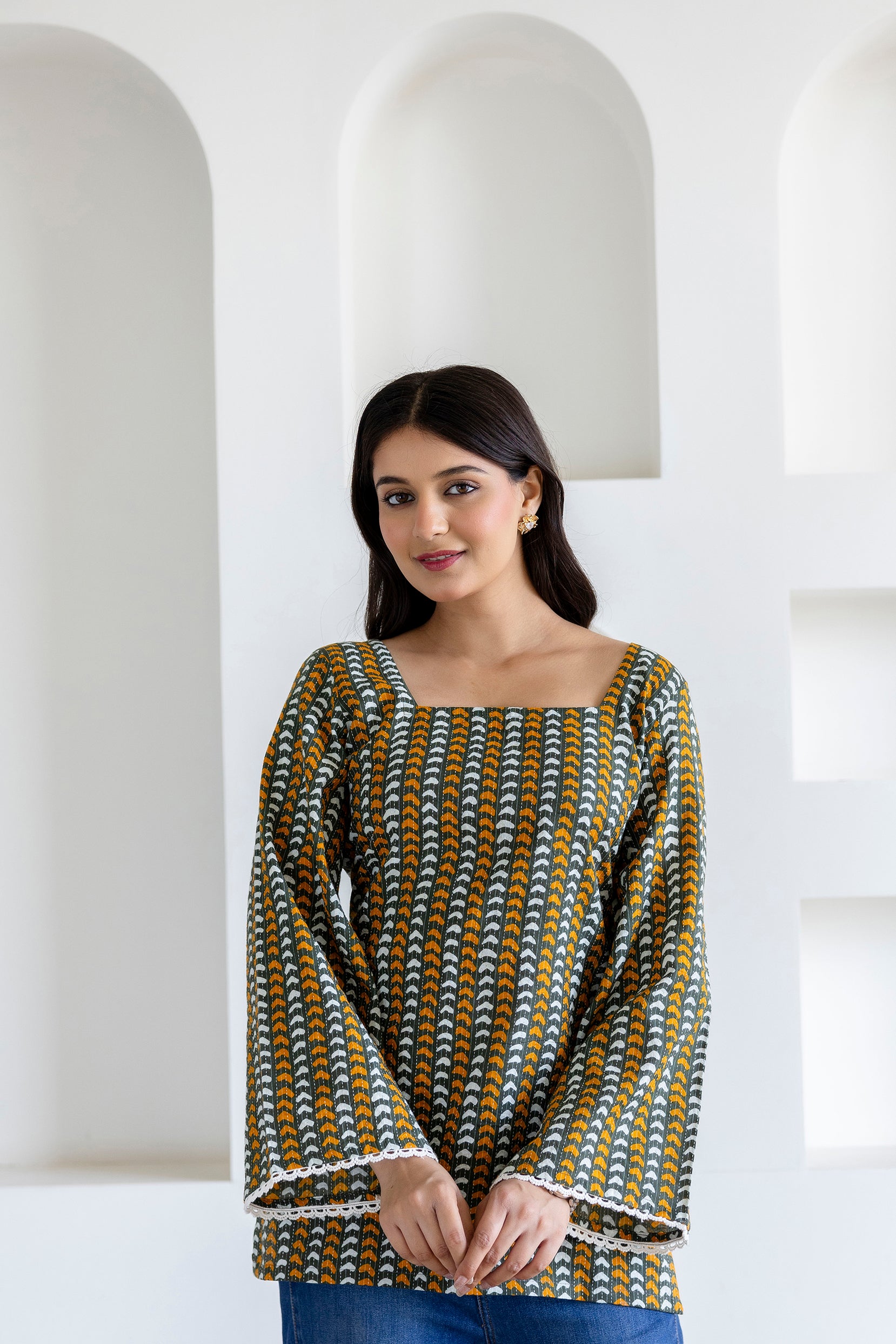Mohini Green Cotton Kurti with Pom-Pom Back