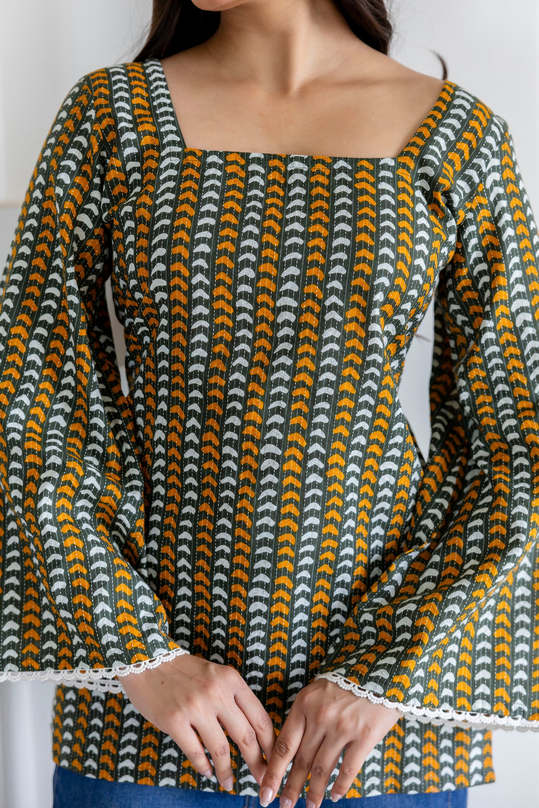 Mohini Green Cotton Kurti with Pom-Pom Back