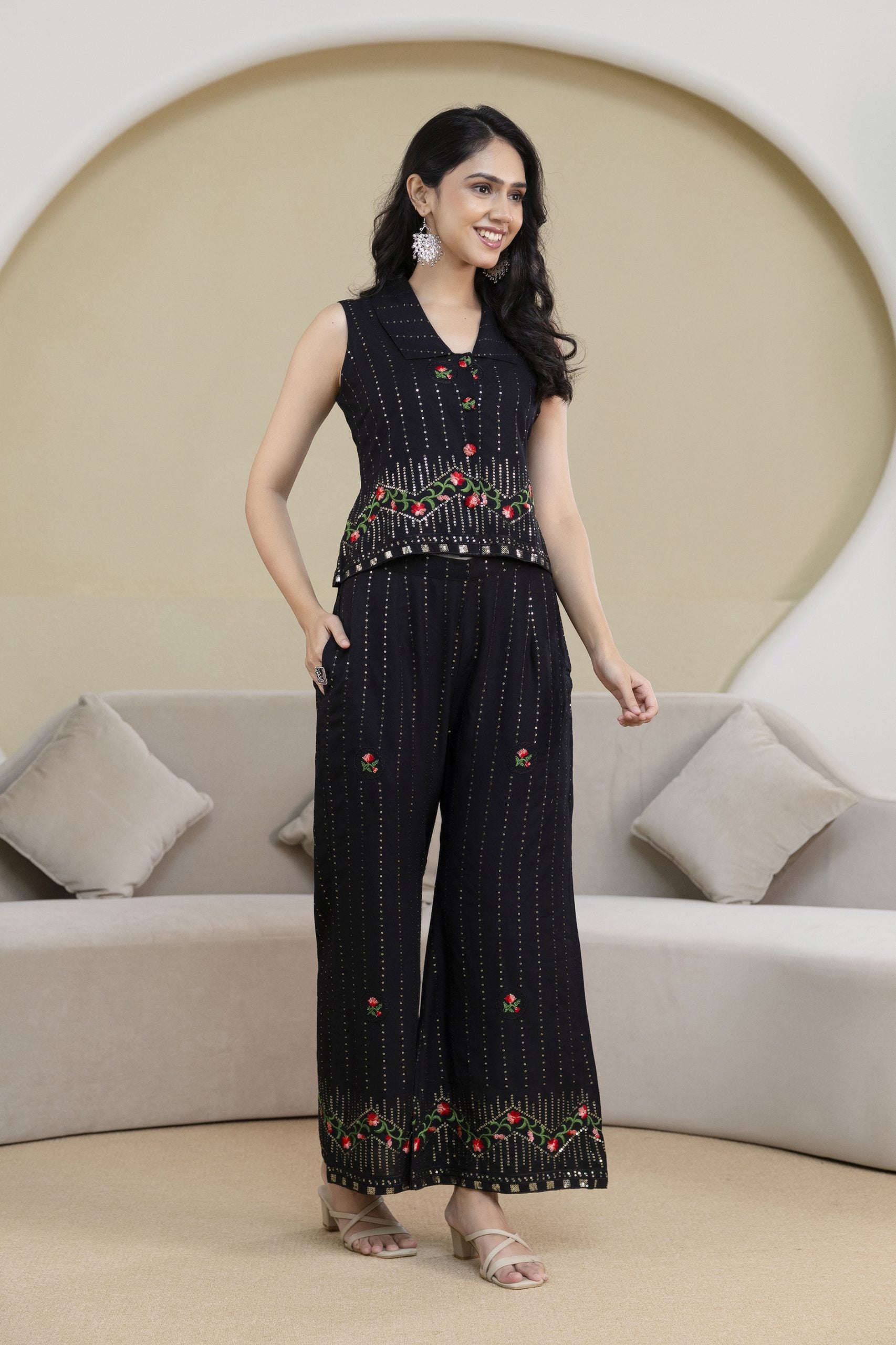 "Raag White Floral Embroidered Co-ord Set"