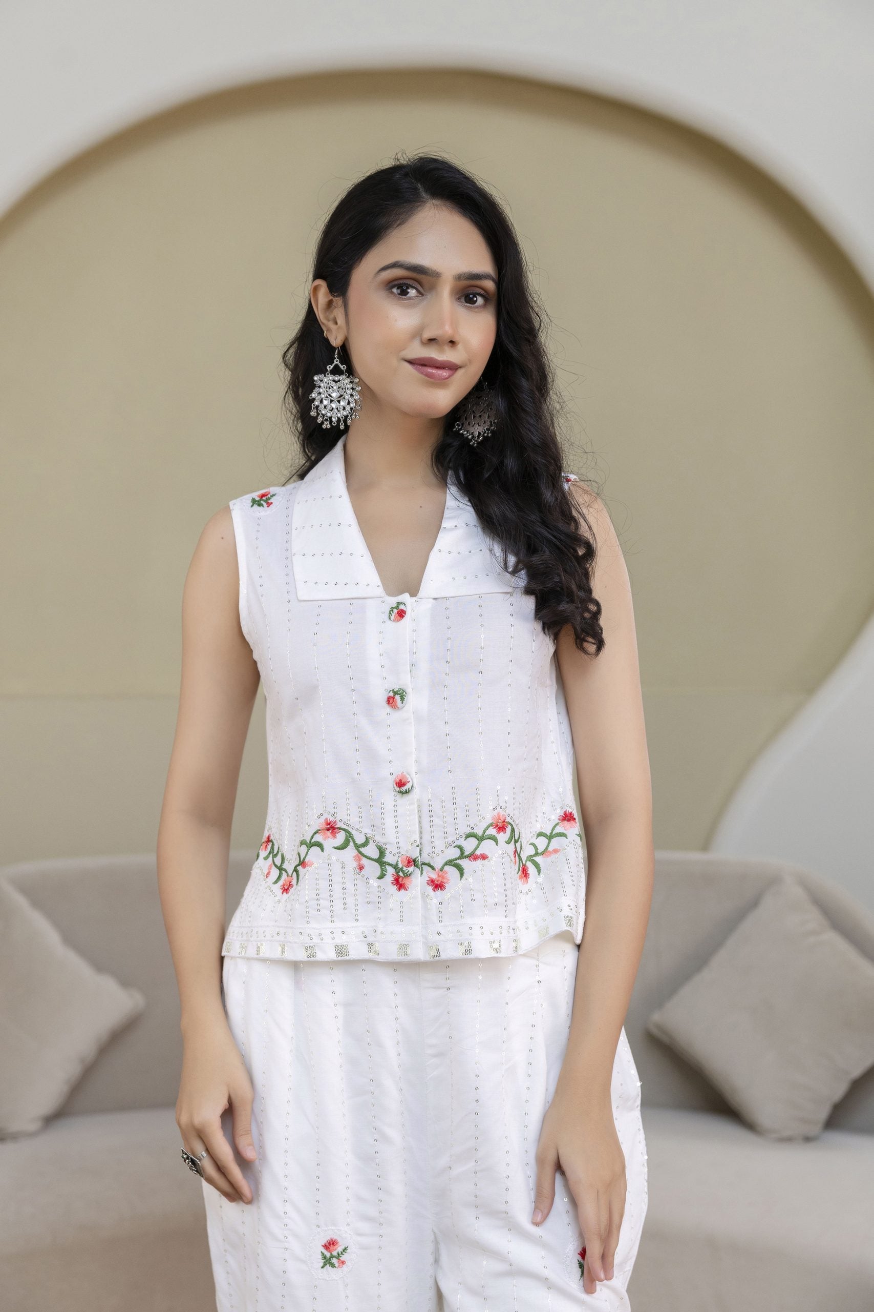 "Raag White Floral Embroidered Co-ord Set"