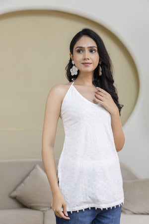 Mohini White Chikankari Halter Neck Corset Kurti