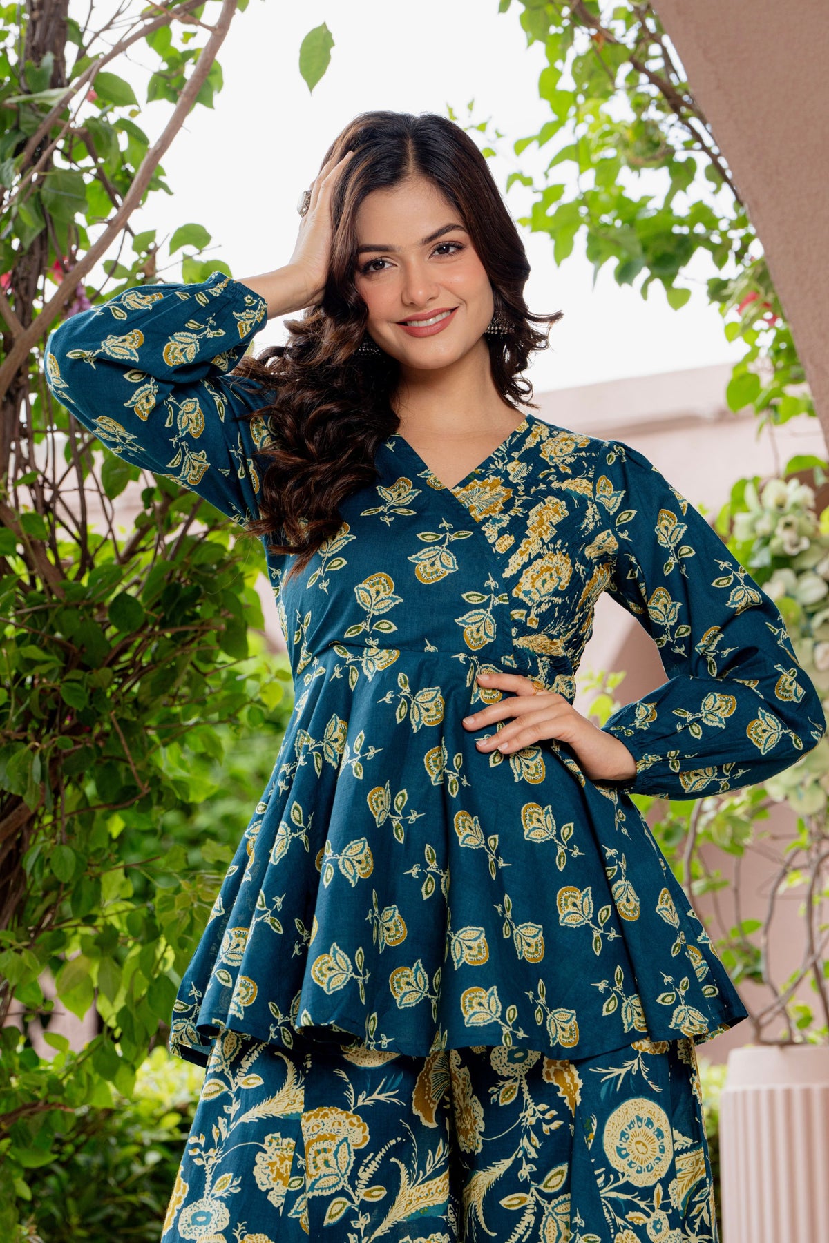 Close-up of the sleeve detail on the teal blue co-ord set
