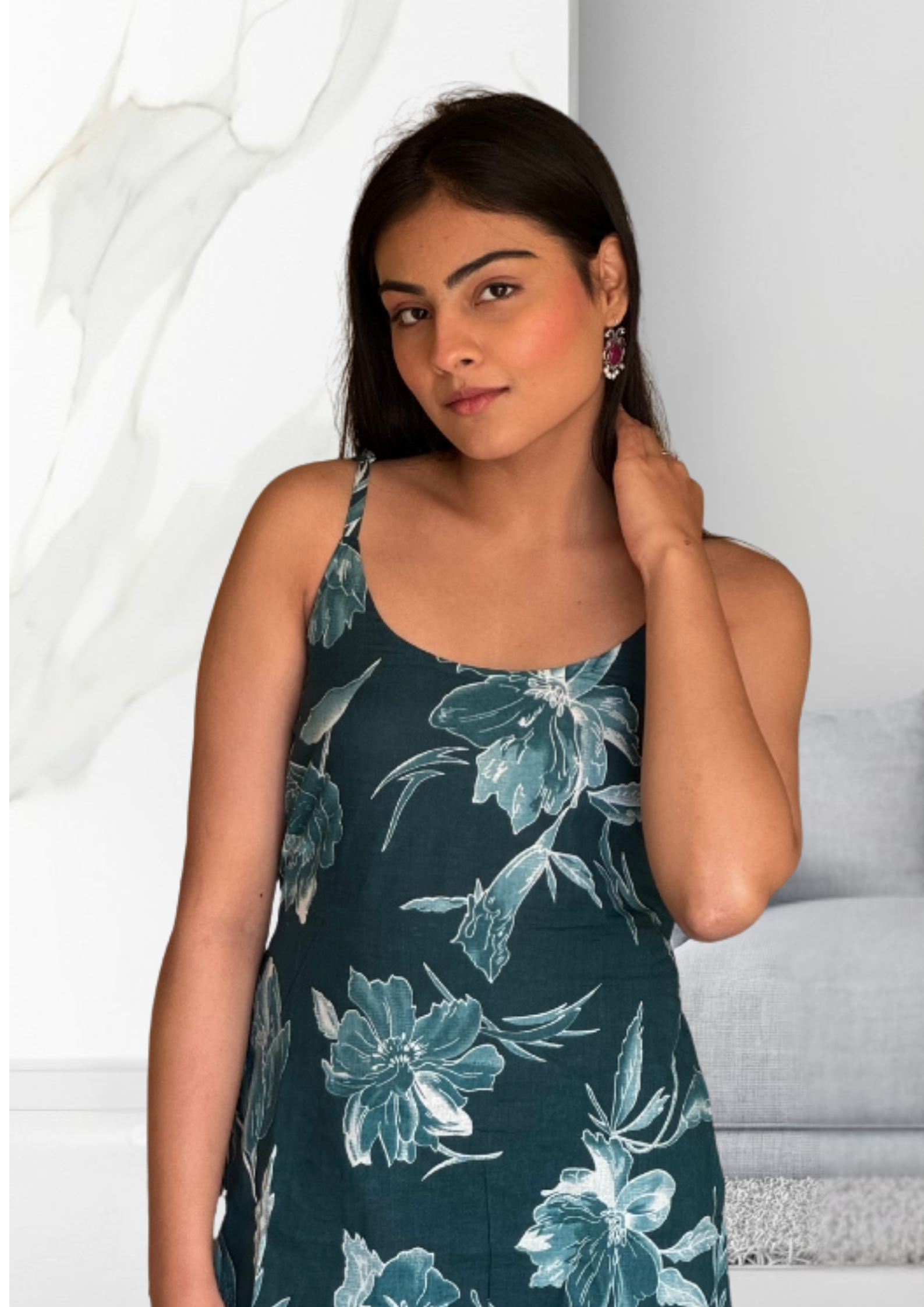 Dark Green Cotton Floral Print Kurti Top for Women | Full Sleeve Cut-Out Neck Casual Ethnic Tunic