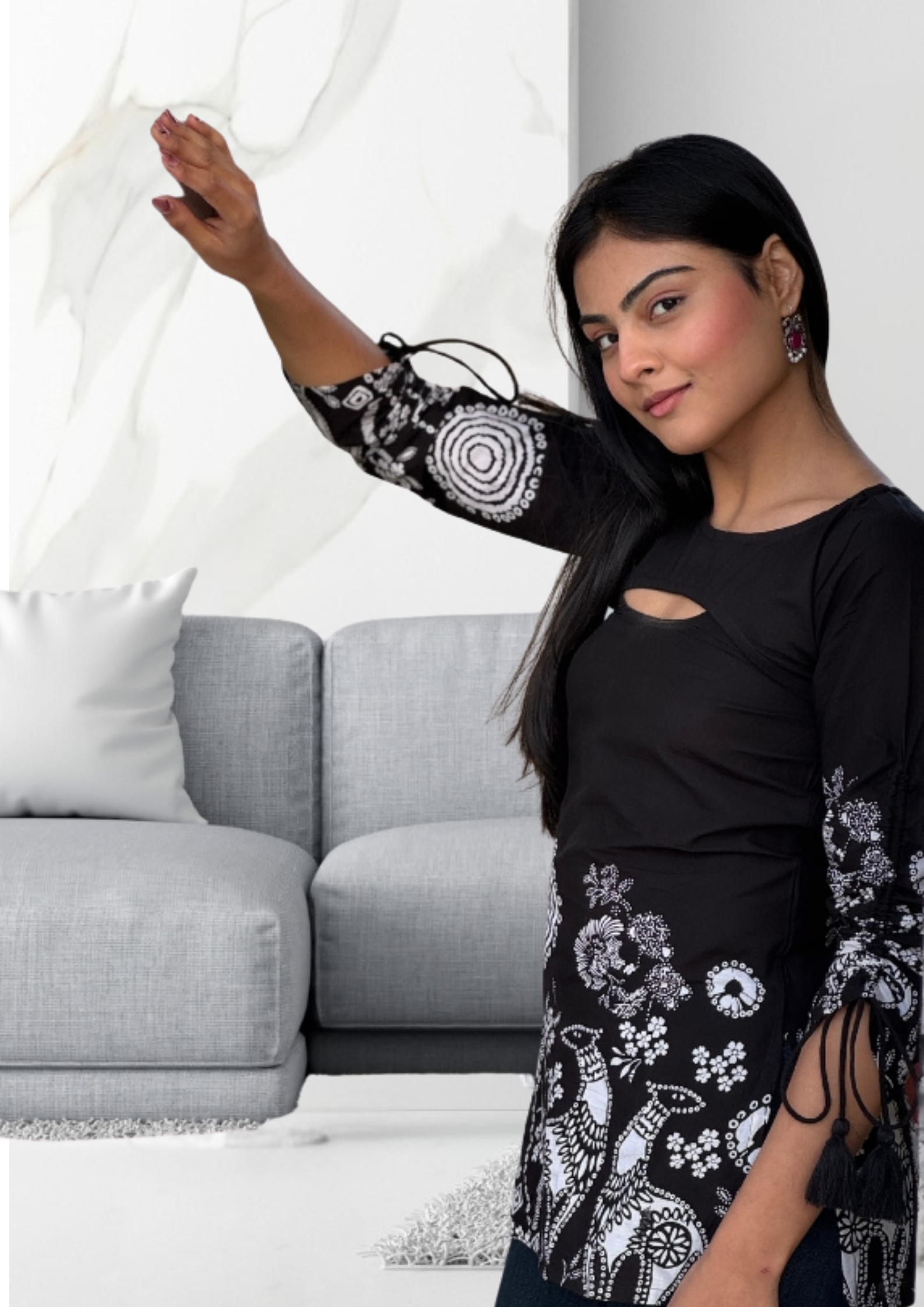 Black Cotton Safari Print Kurti Top for Women | Full Sleeve Cut-Out Neck Casual Ethnic Tunic