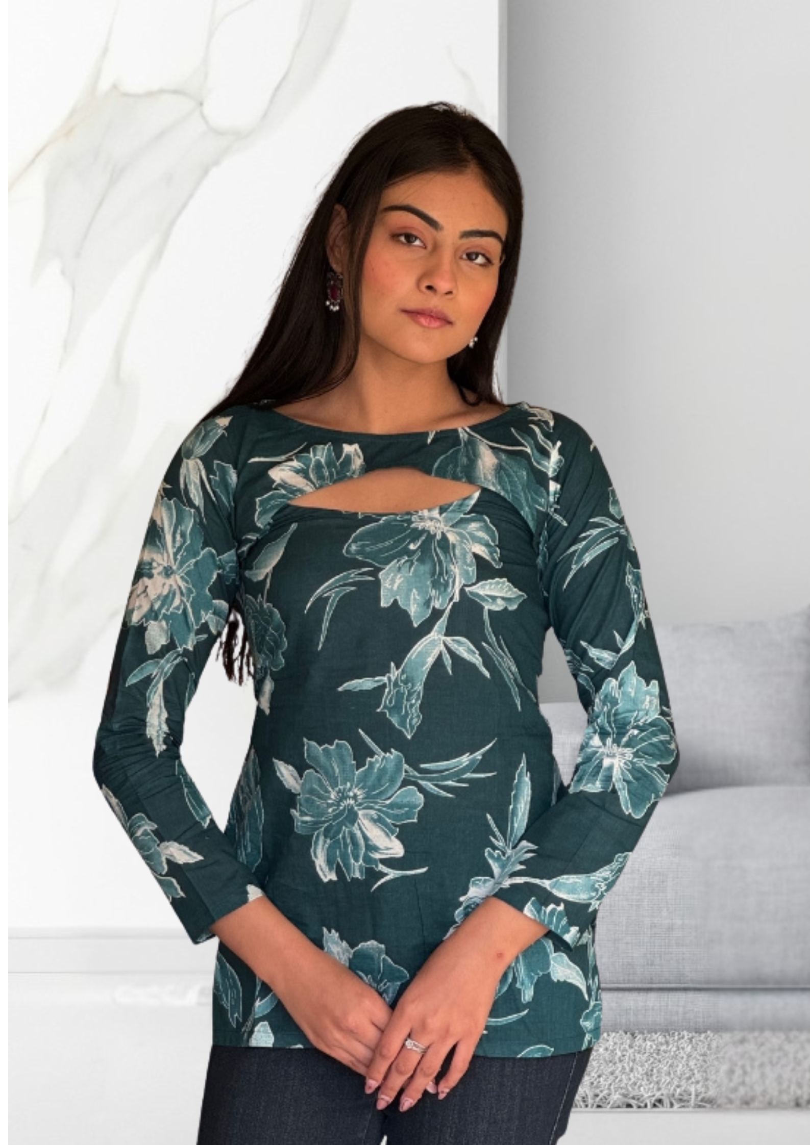 Dark Green Cotton Floral Print Kurti Top for Women | Full Sleeve Cut-Out Neck Casual Ethnic Tunic