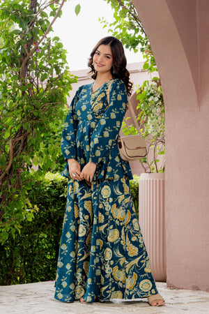 Draksha Teal Blue Printed Premium Cotton Co-ord Set