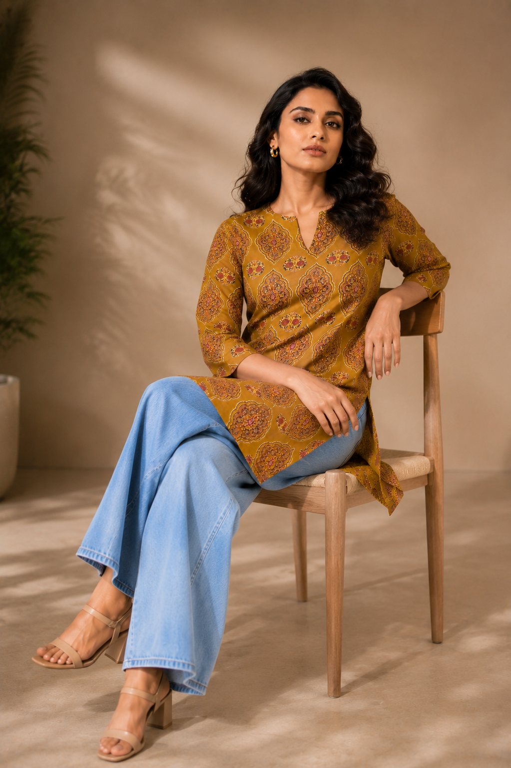 Nitya Women's Mustard Ethnic Printed Cotton Kurti Top | 100% Premium Cotton