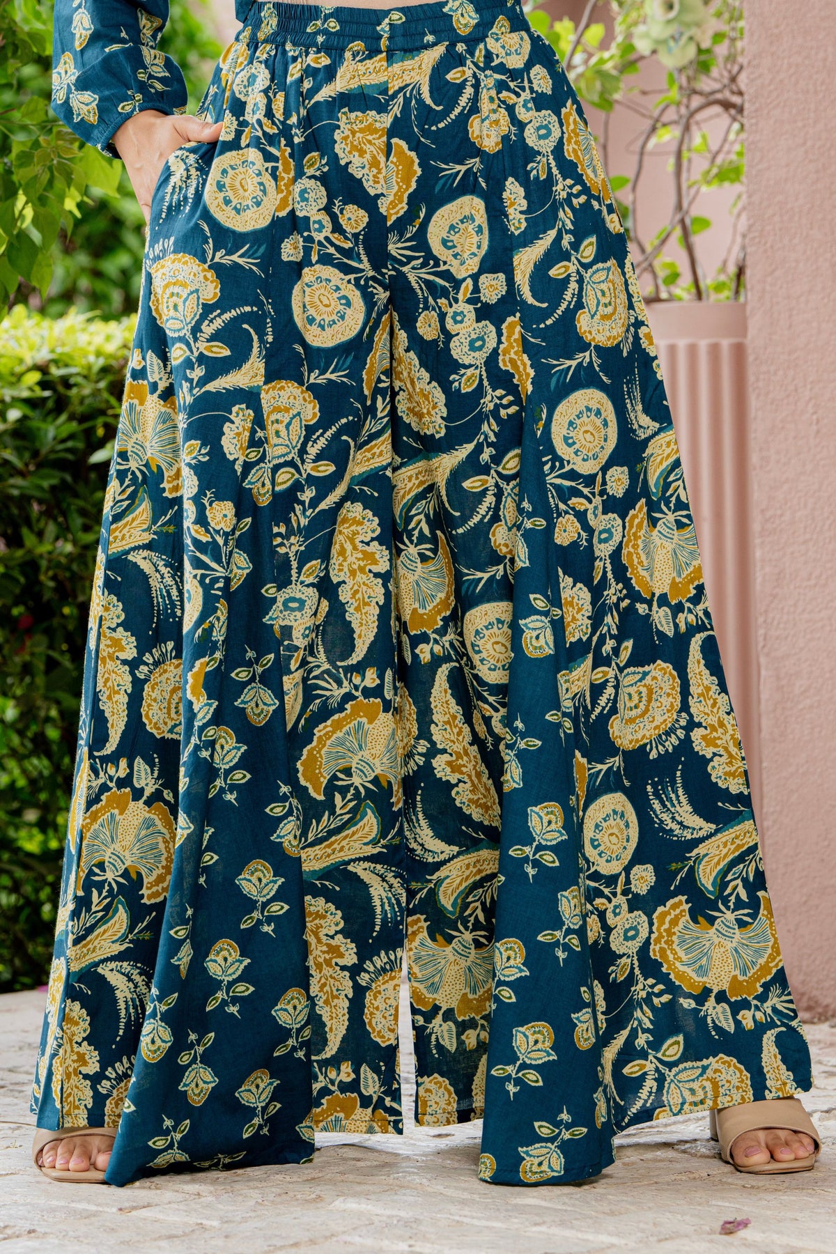 Close-up of the neckline on the teal blue co-ord set