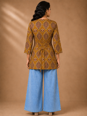 Nitya Women's Mustard Ethnic Printed Cotton Kurti Top | 100% Premium Cotton