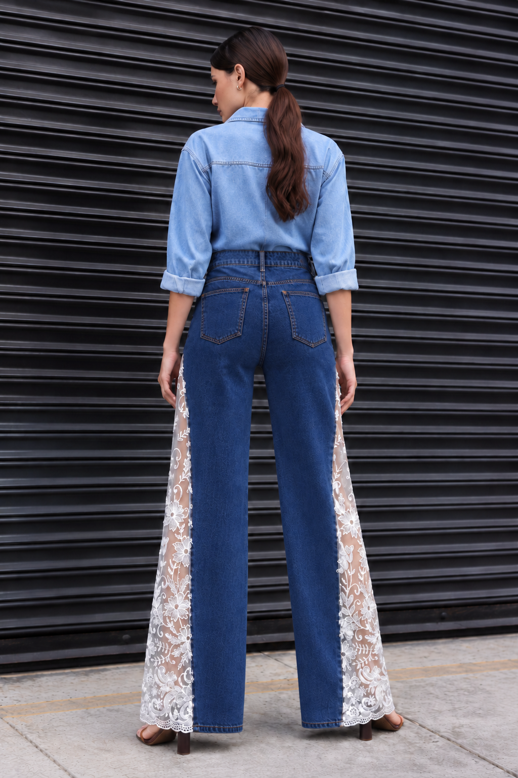 Engage Dark Blue Women’s Lace Panel Wide Leg Flared Denim Jeans