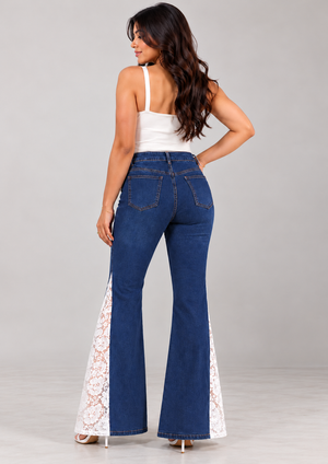 Engage Dark Blue Women's Lace Panel Wide Leg Flared Jeans – High-Rise Trousers