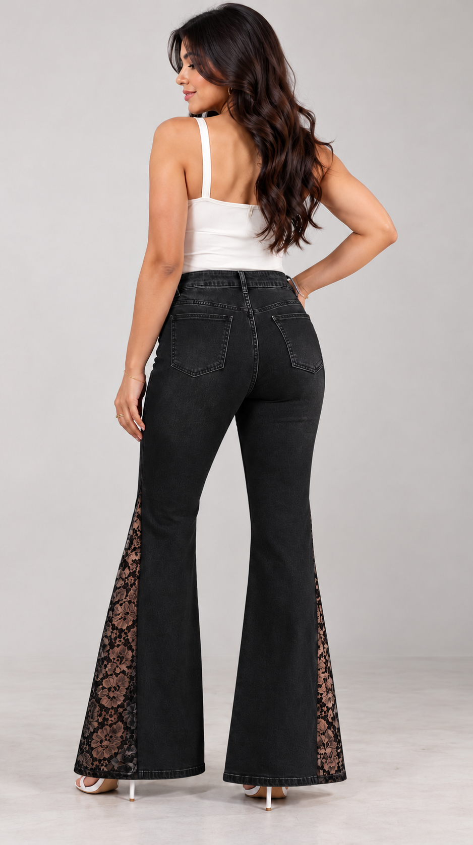 Engage Black Women's Lace Panel Wide Leg Flared Jeans – High-Rise Trousers