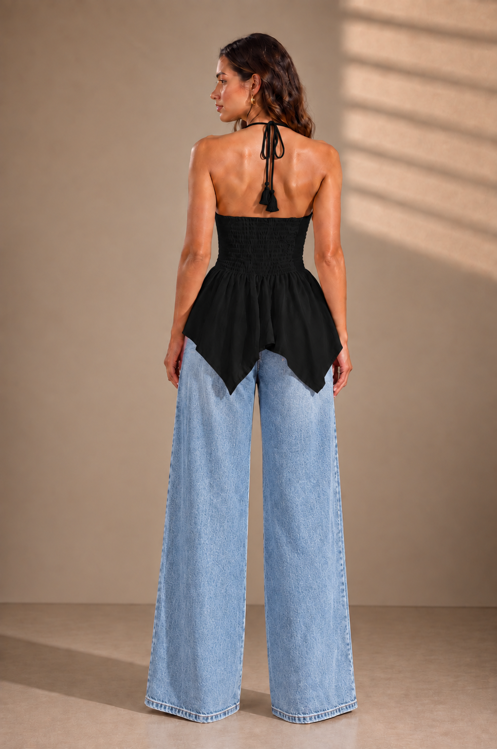 Women’s Black Crepe Halter Neck Top – Back Smocked, Sleeveless & Flared Fit