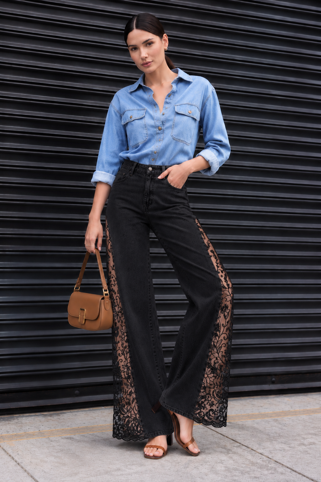 Engage Black Women’s Lace Panel Wide Leg Flared Denim Jeans