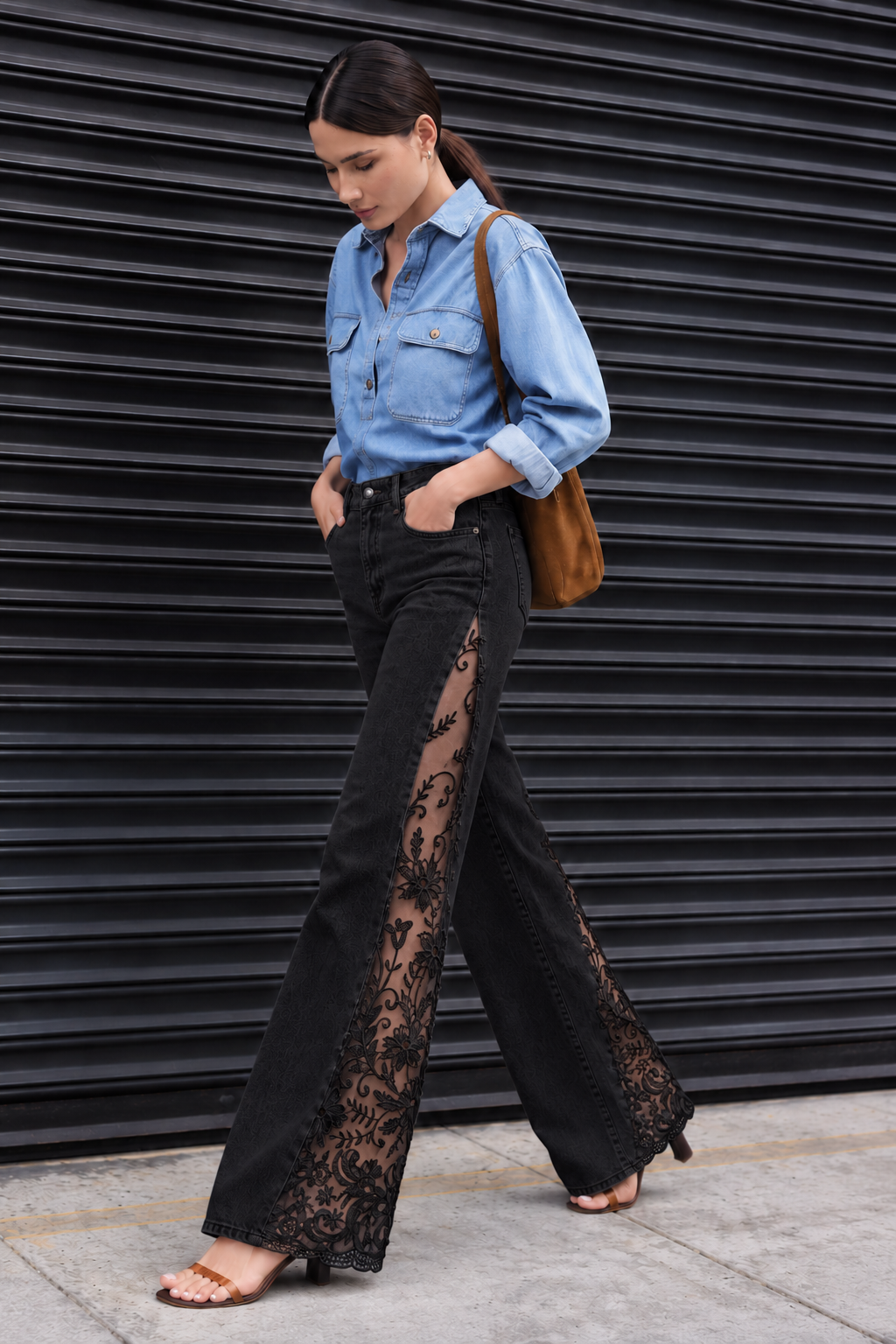 Engage Black Women’s Lace Panel Wide Leg Flared Denim Jeans