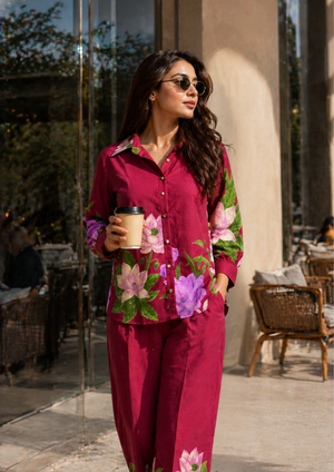 Blooma Wine Cotton Printed Co-ord Set
