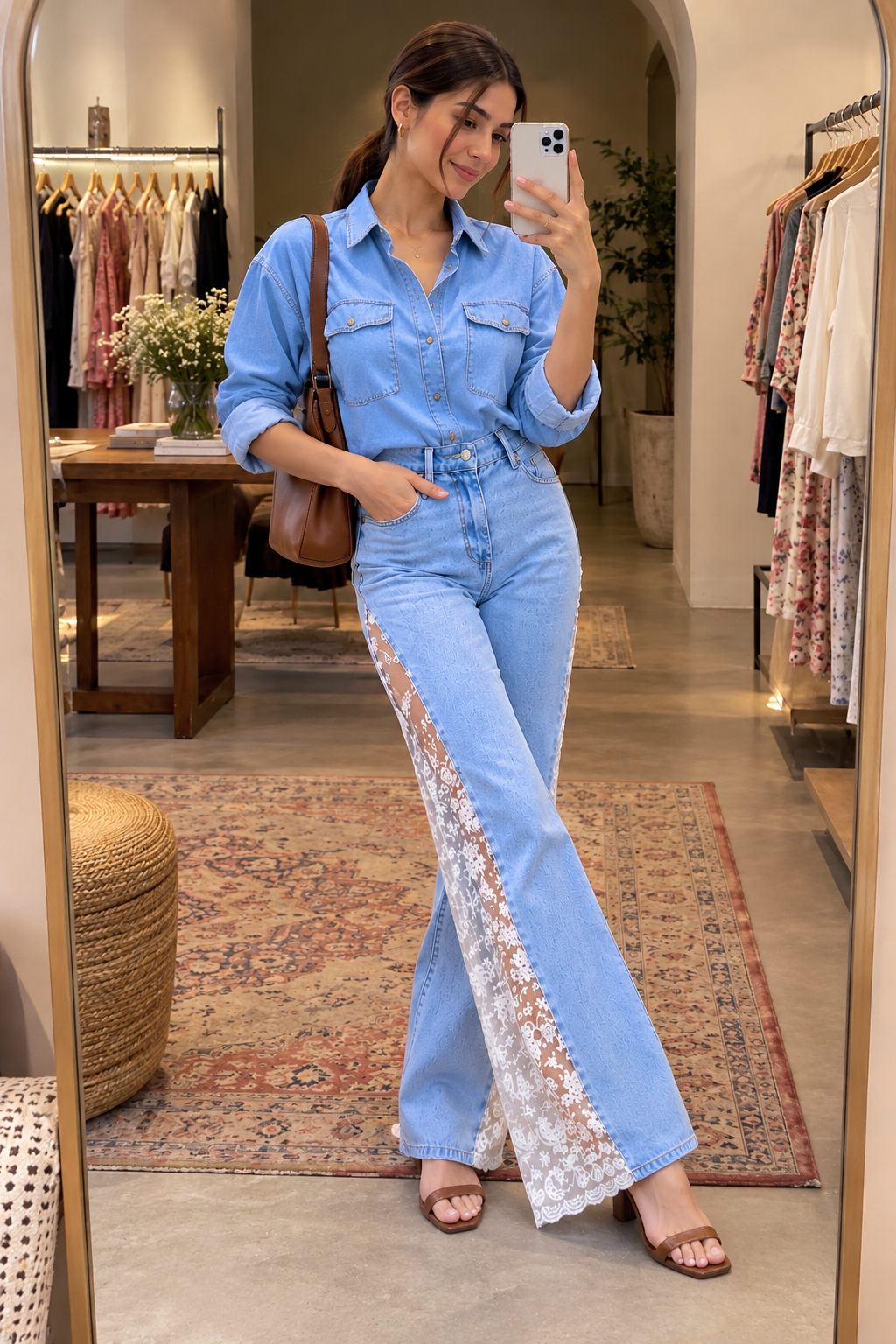 Engage Light Blue Women’s Lace Panel Wide Leg Flared Denim Jeans