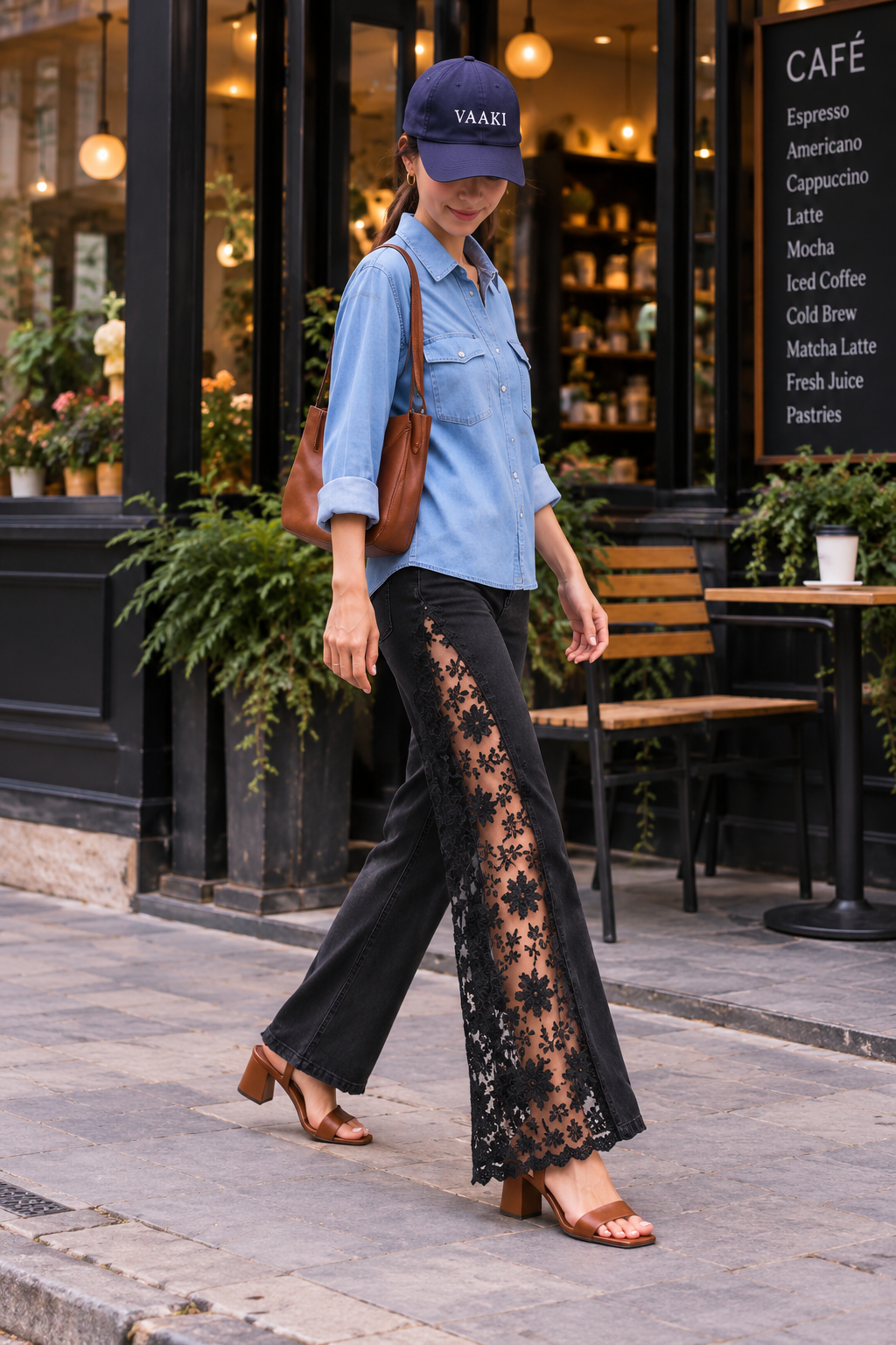 Engage Black Women’s Lace Panel Wide Leg Flared Denim Jeans