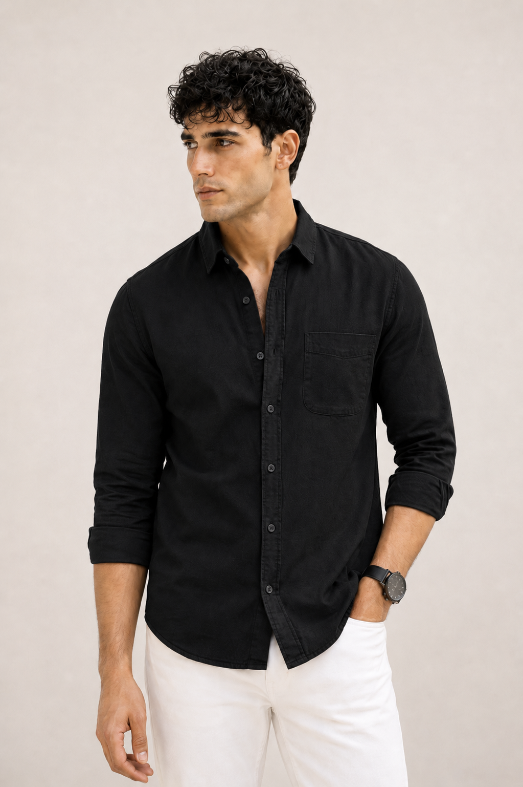 Black cotton full sleeve casual shirt for men with chest pocket, view 4