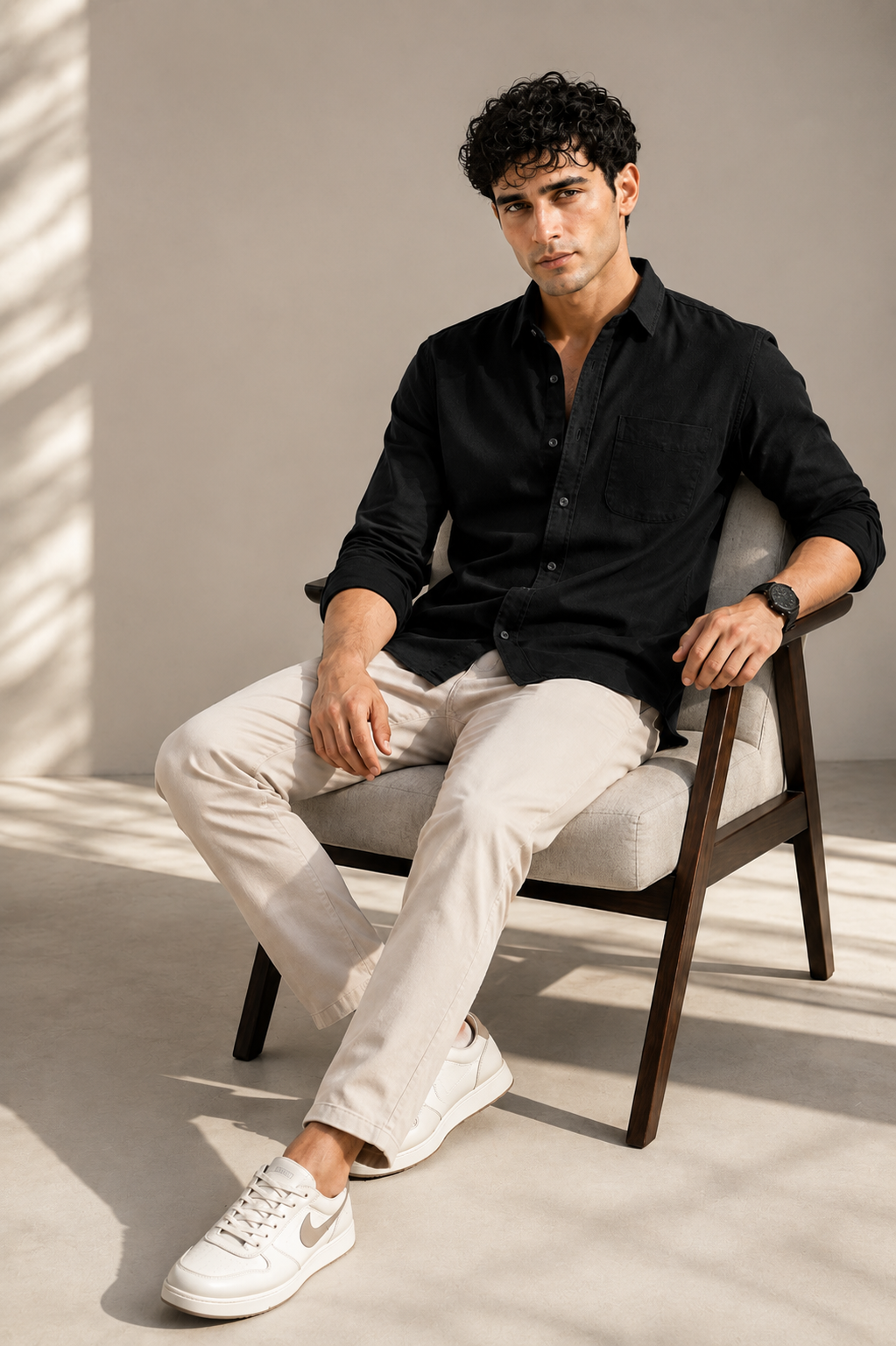 Black cotton full sleeve casual shirt for men with chest pocket, view 3