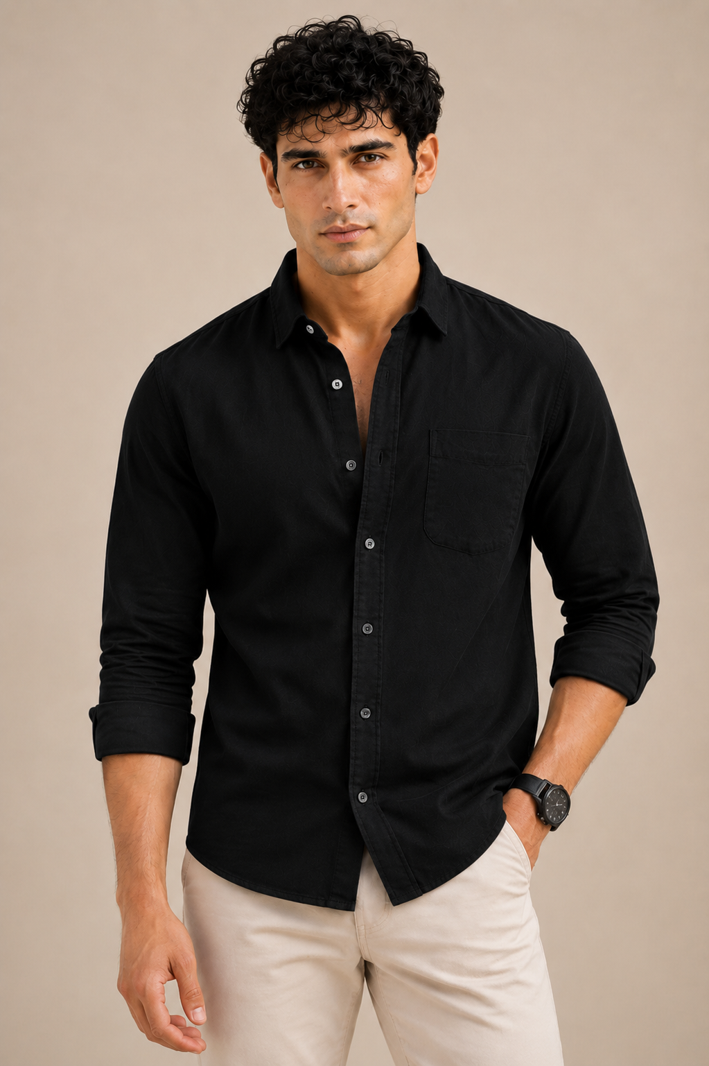 Black cotton full sleeve casual shirt for men with chest pocket