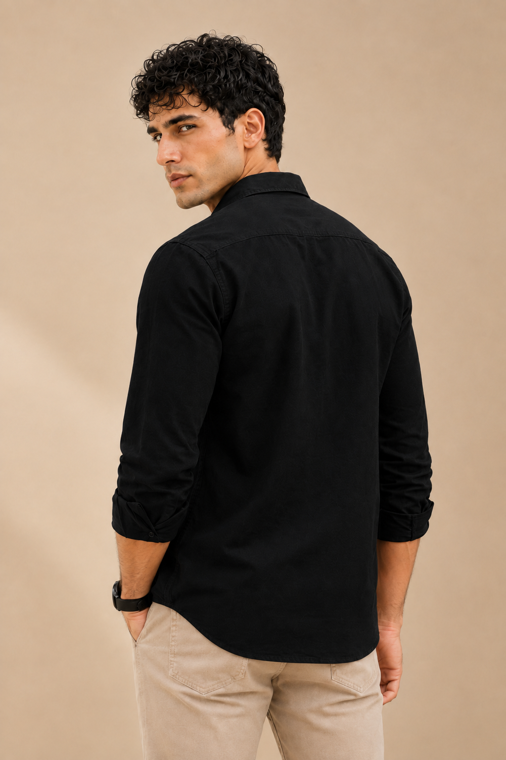 Black cotton full sleeve casual shirt for men with chest pocket, view 2