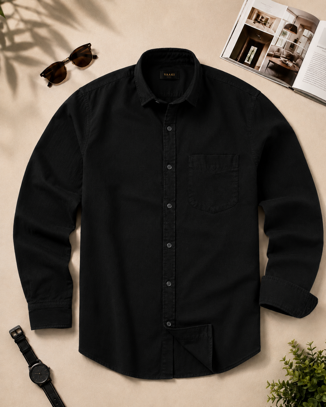 Black cotton full sleeve casual shirt for men with chest pocket, view 5