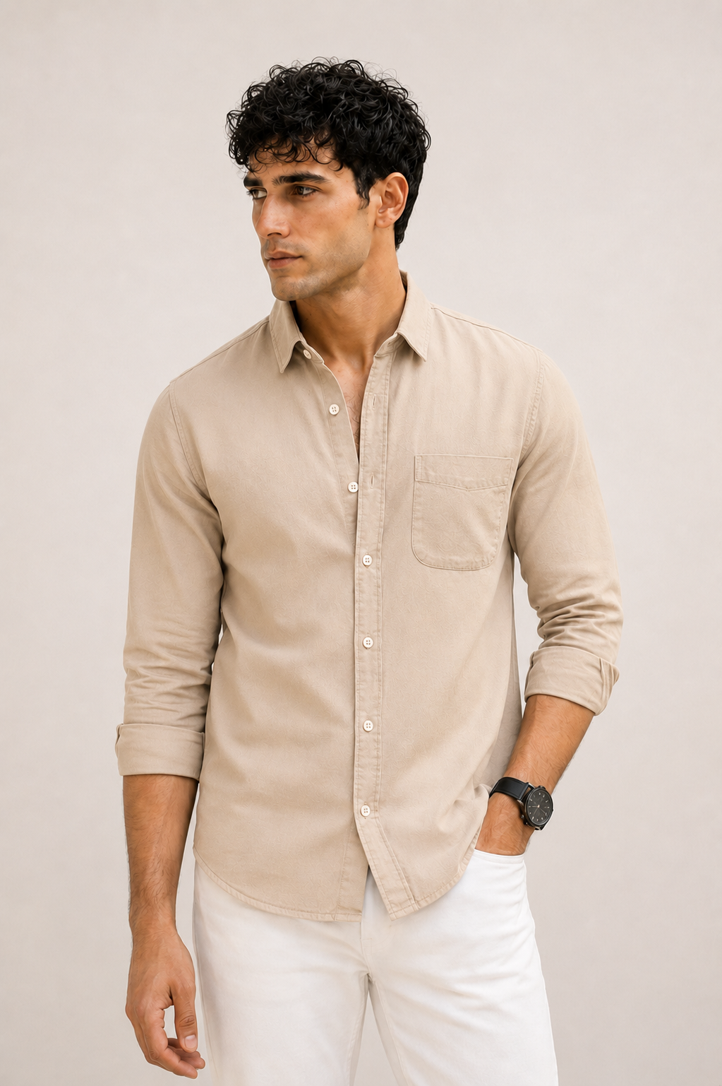 Cream beige cotton casual shirt for men, full sleeves rolled, view 4