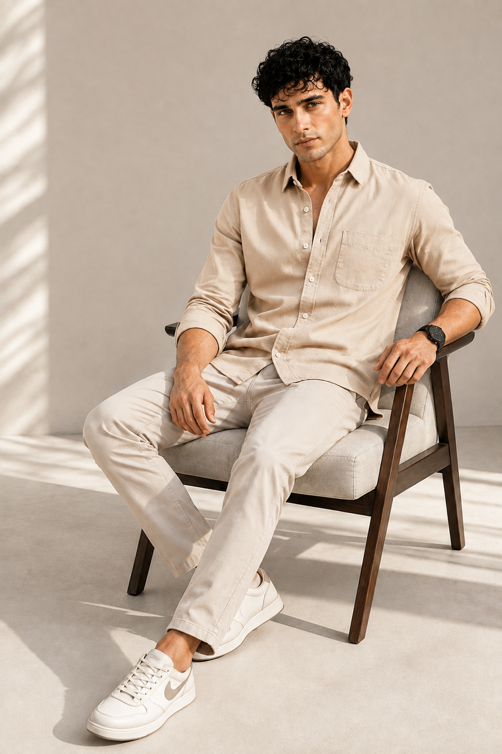 Cream beige cotton casual shirt for men, full sleeves rolled, view 3
