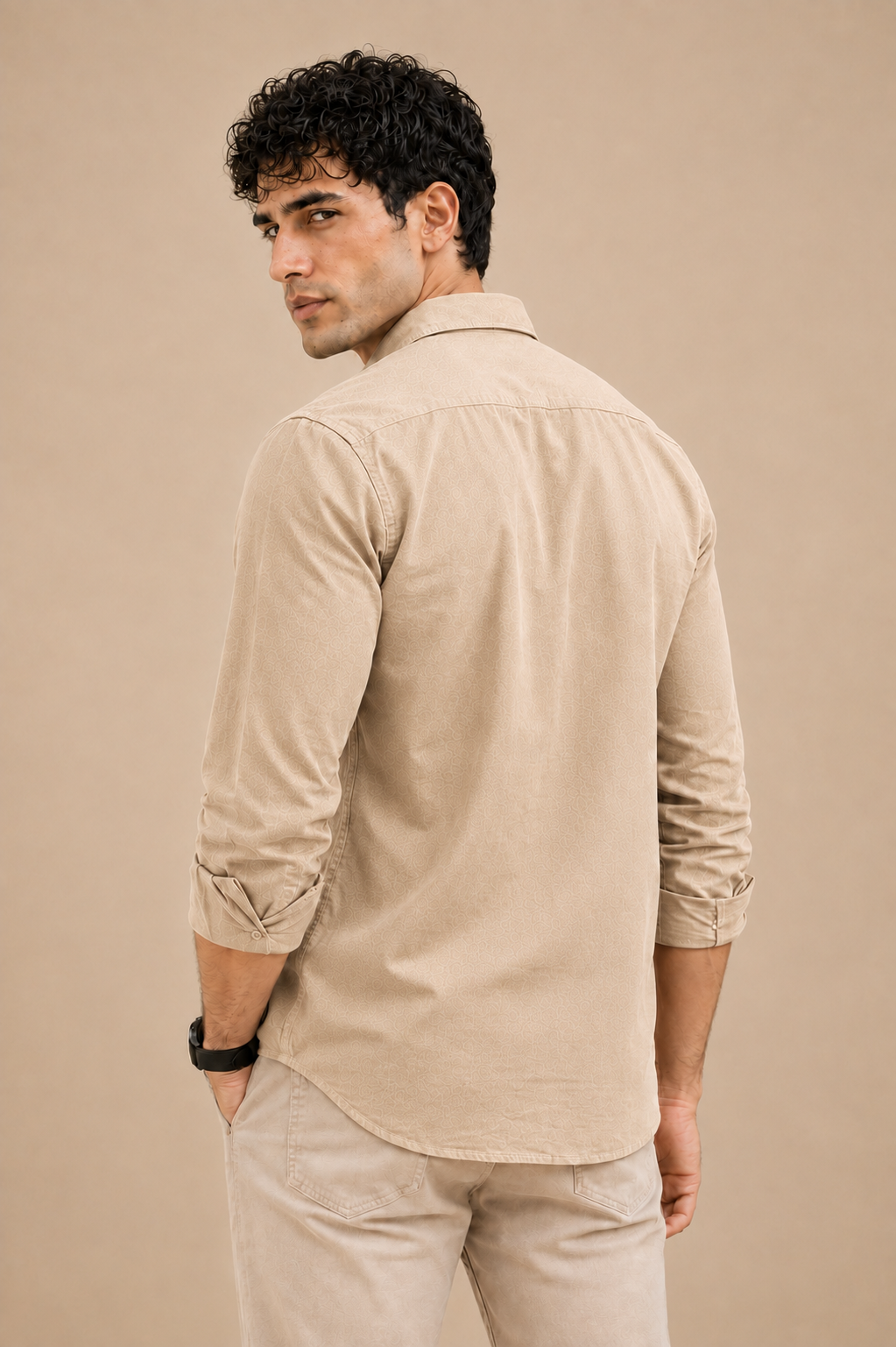 Cream beige cotton casual shirt for men, full sleeves rolled, view 2