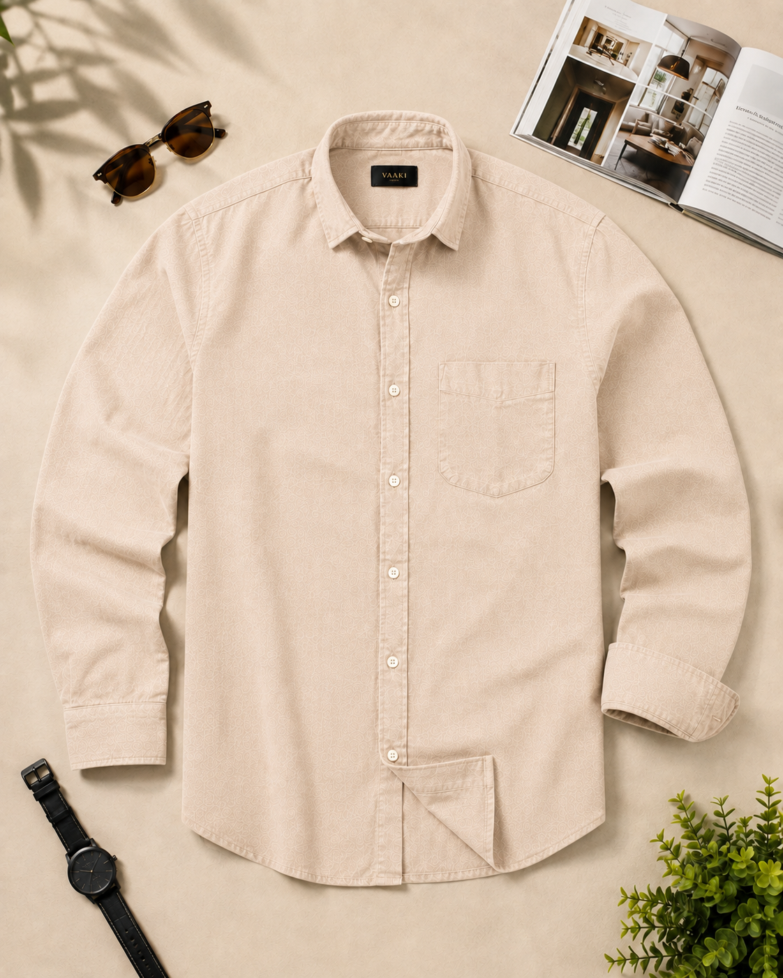 Cream beige cotton casual shirt for men, full sleeves rolled, view 5