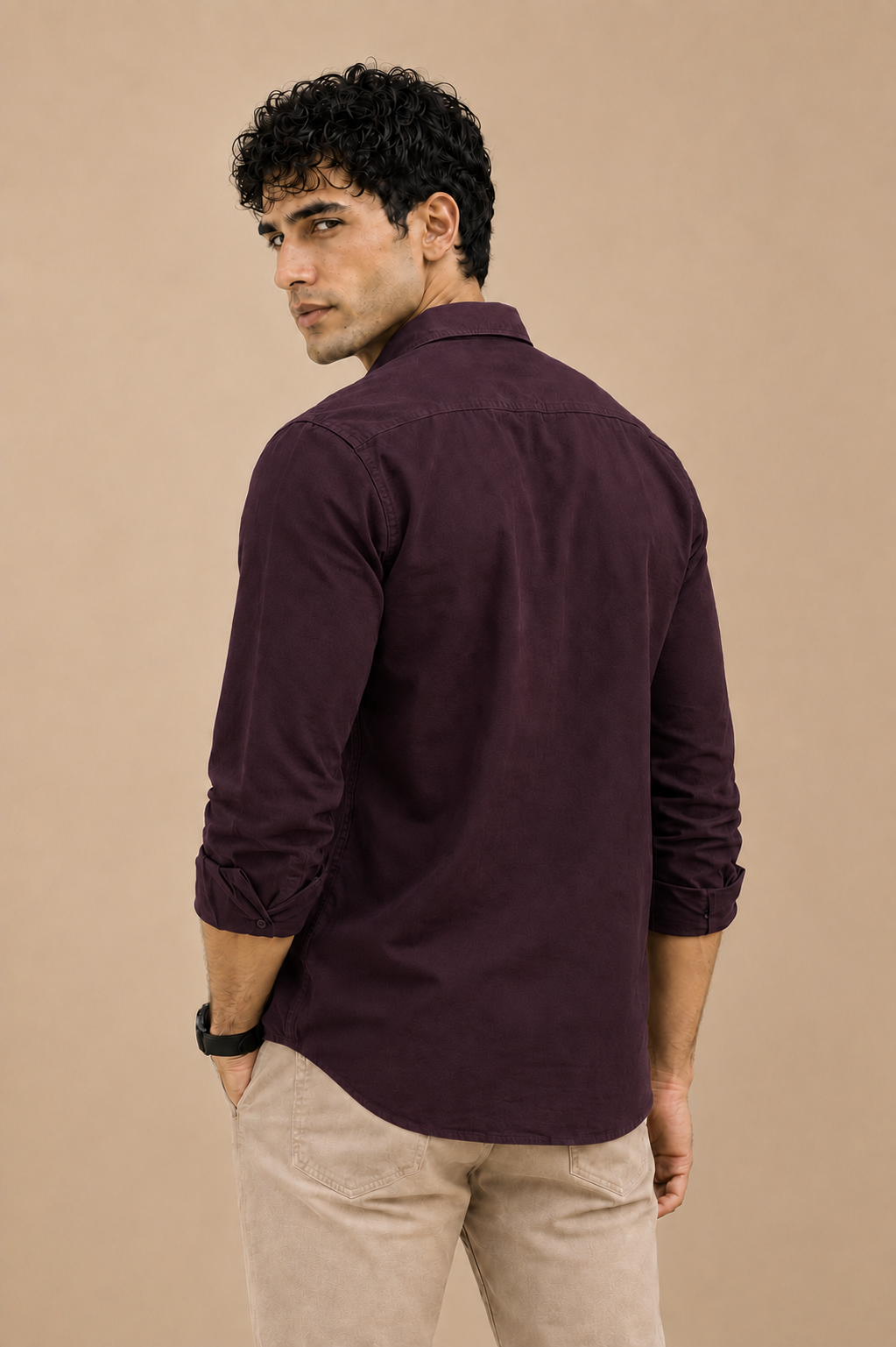 Deep plum purple cotton casual shirt for men, full sleeve, view 2