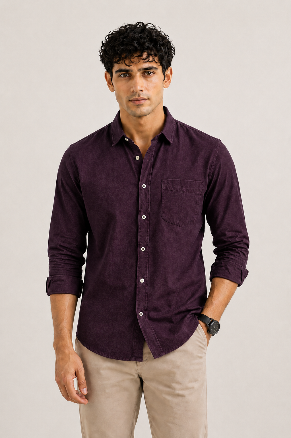 Deep plum purple cotton casual shirt for men, full sleeve