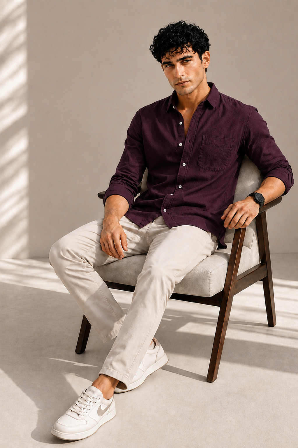 Deep plum purple cotton casual shirt for men, full sleeve, view 3