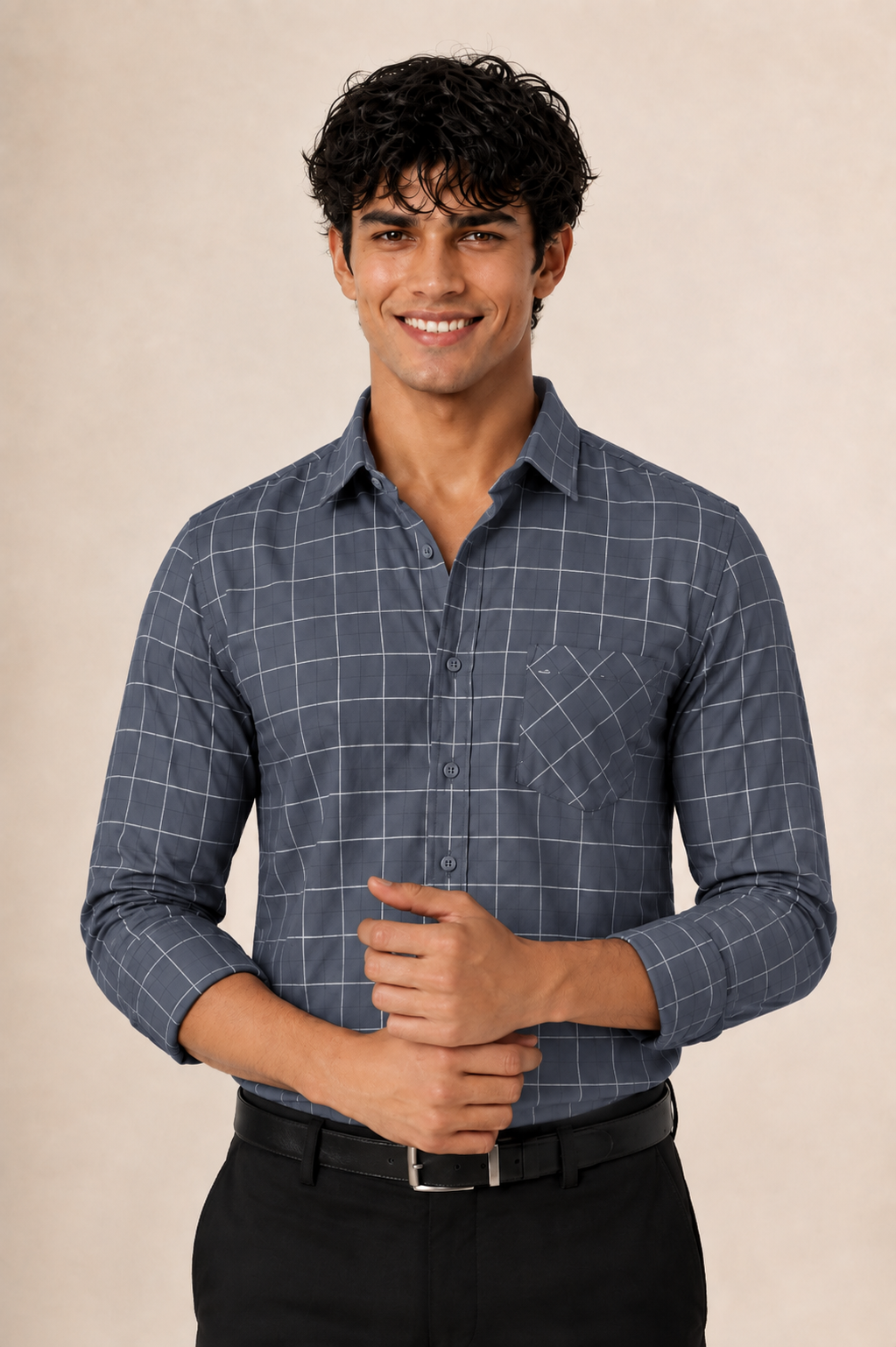 Dark grey windowpane check cotton shirt for men, full sleeve