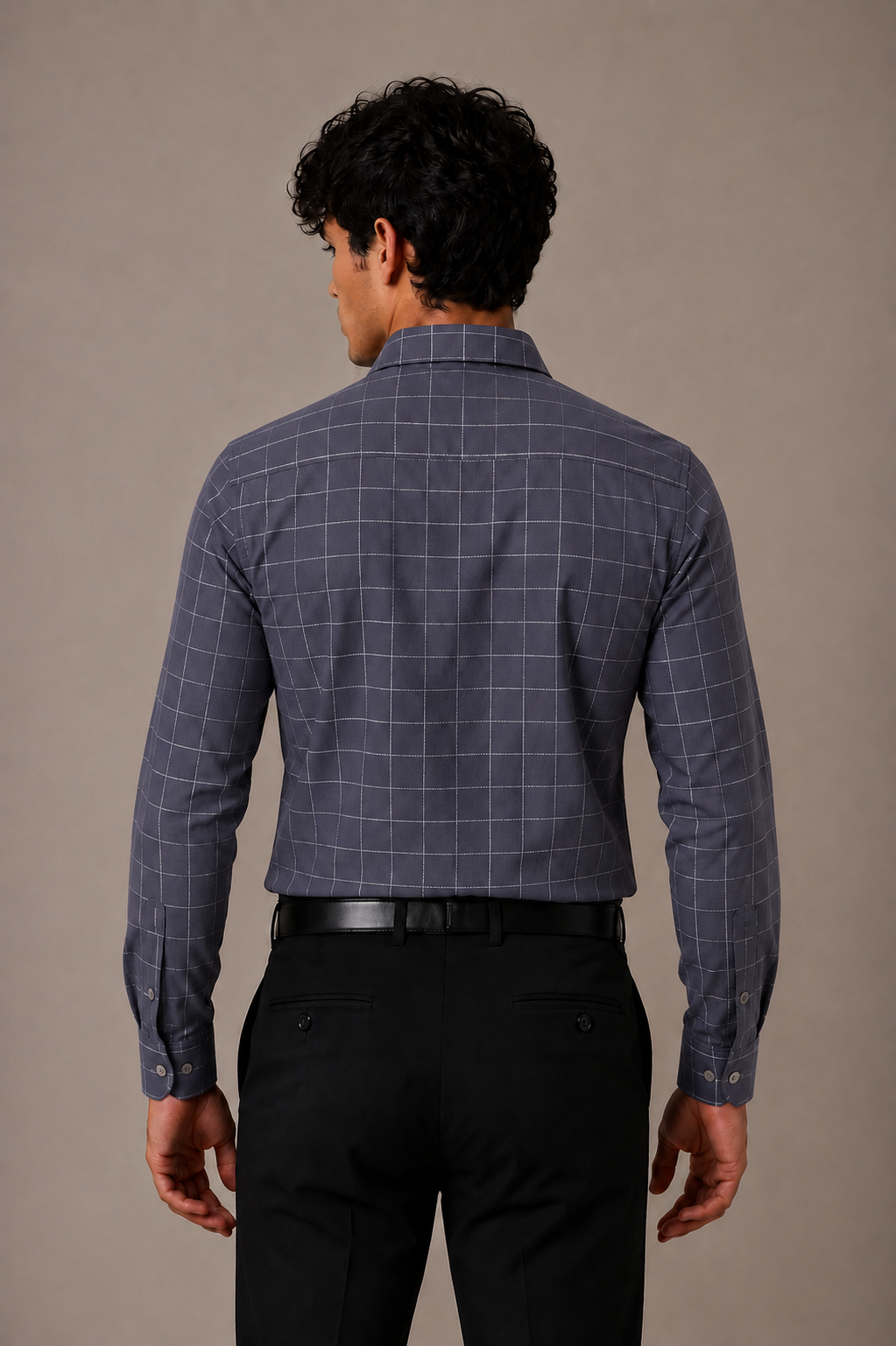 Dark grey windowpane check cotton shirt for men, full sleeve, view 3
